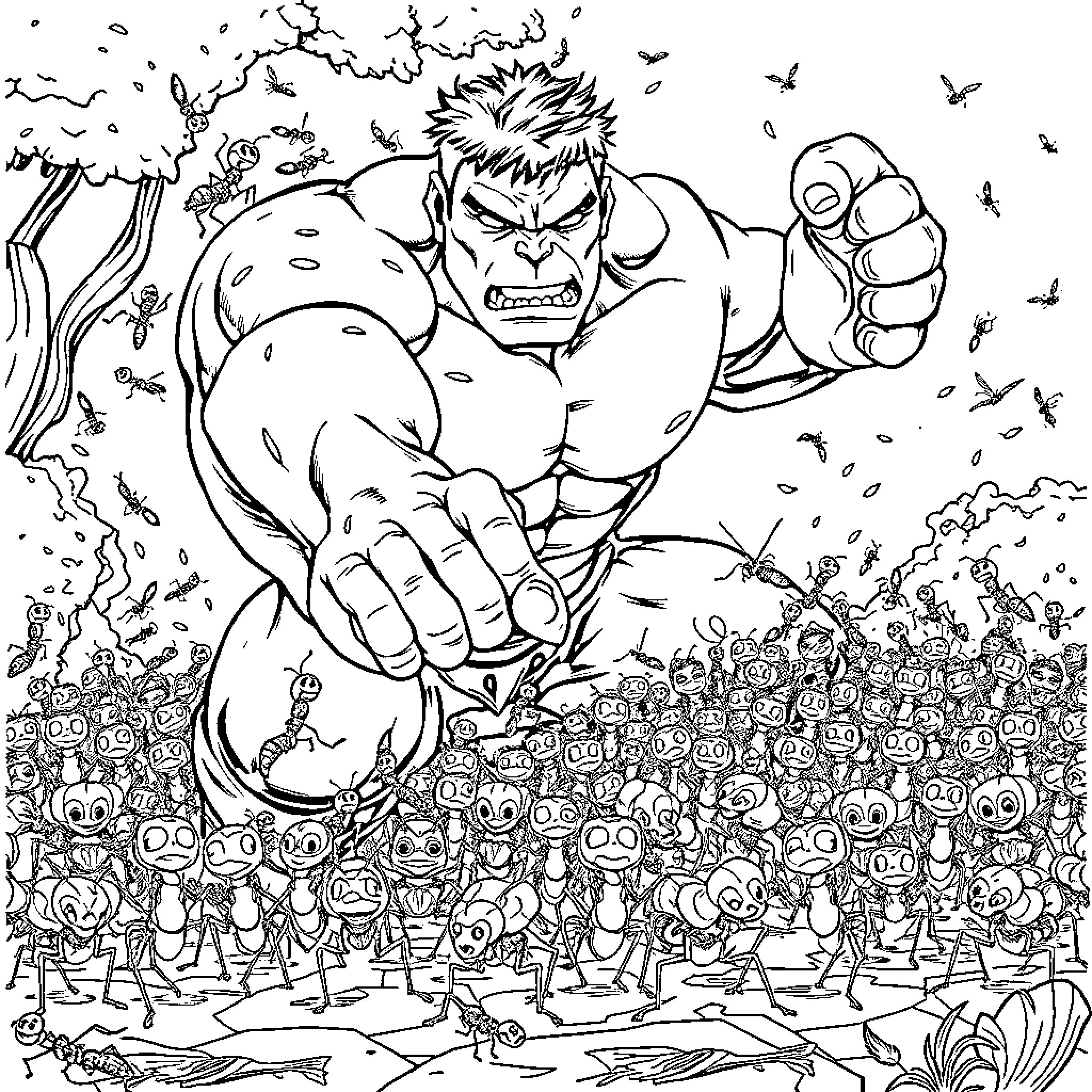 Ant army confronts furious giant warrior Coloring Page (free black-and-white line drawing printable PDF for all, from beginners to advanced learners, including children, teens, adults, and seniors)