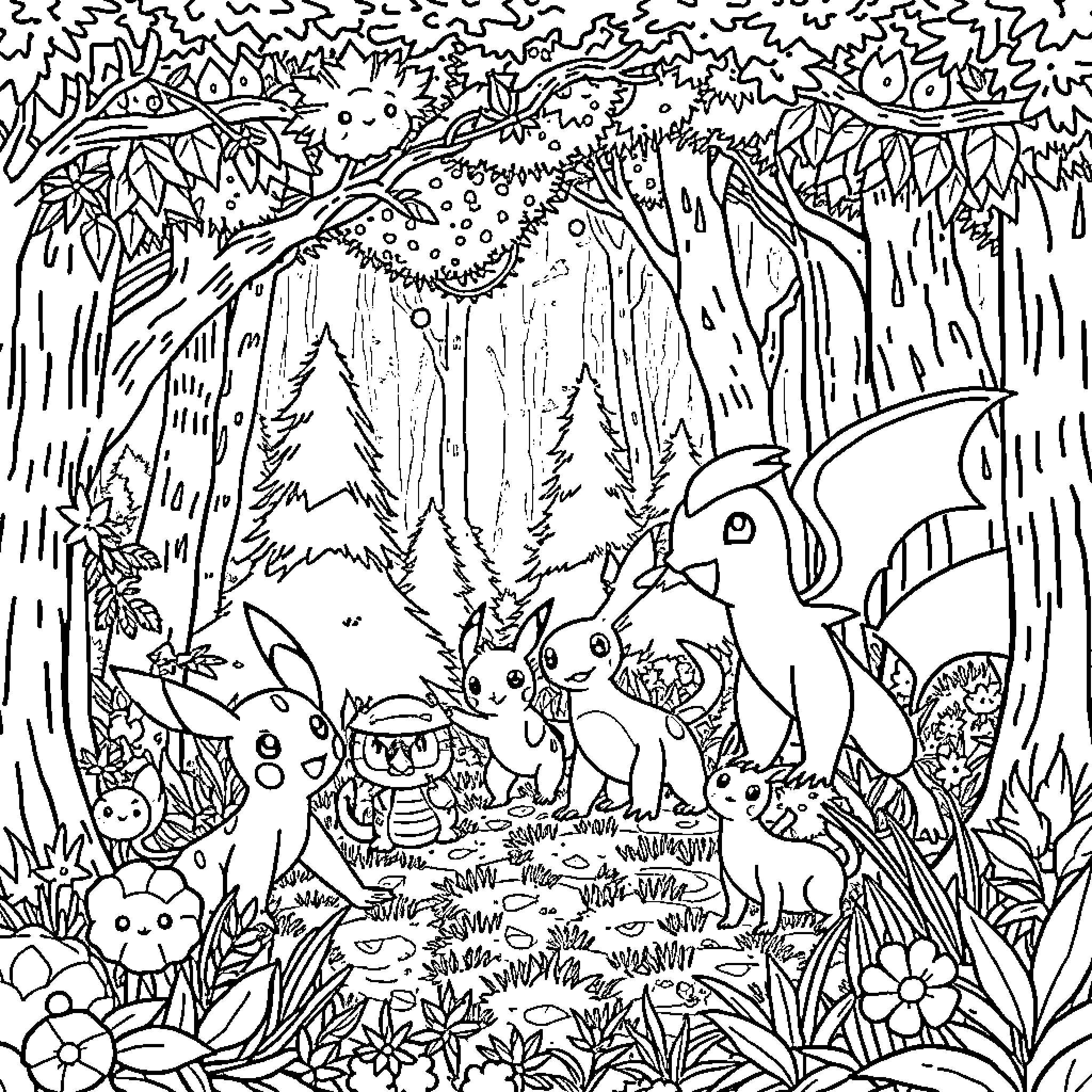 Pokémon Adventure in the Lush Forest Coloring Page (free black-and-white line drawing printable PDF for all, from beginners to advanced learners, including children, teens, adults, and seniors)