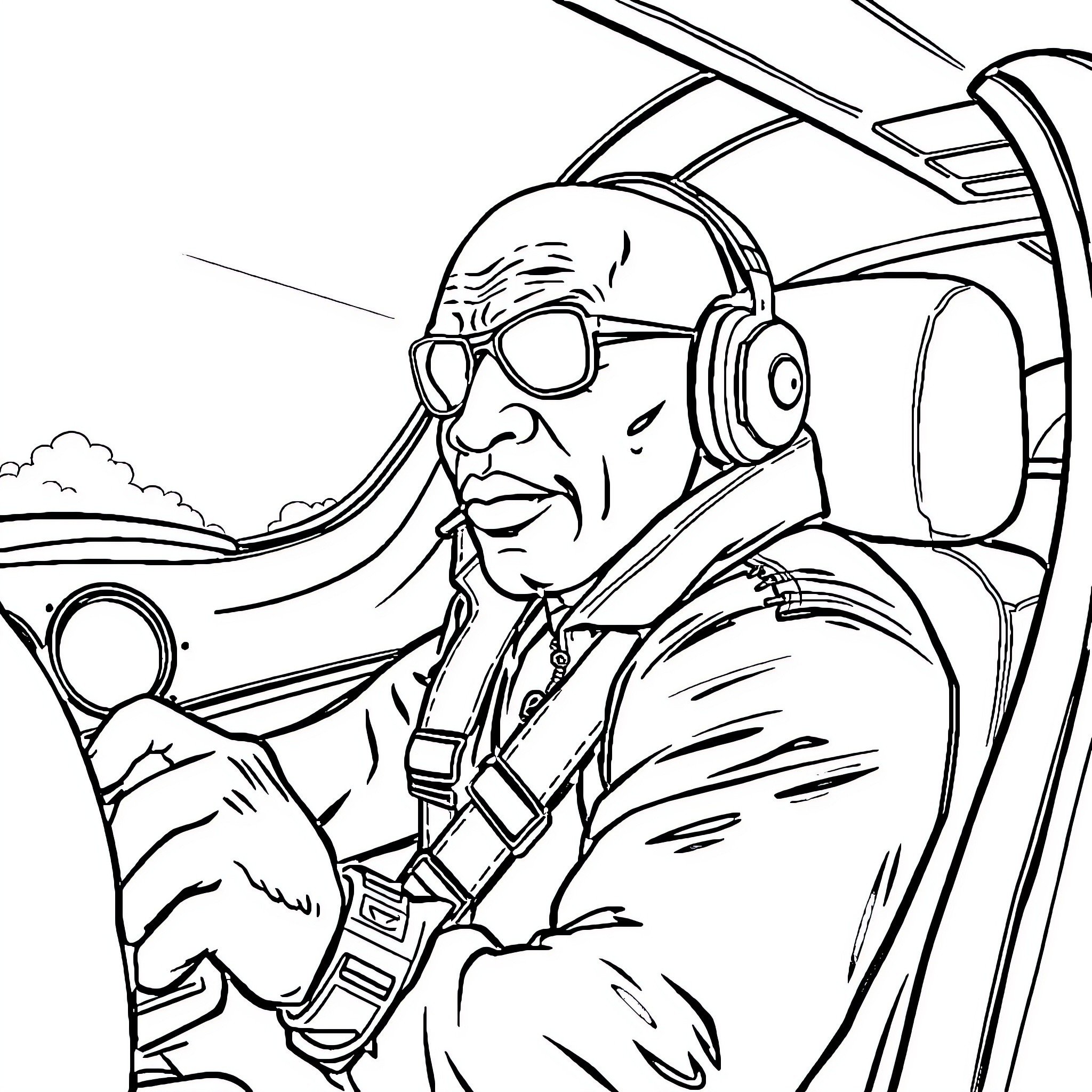 Mike Tyson flying a helicopter with focus Coloring Page (free black-and-white line drawing printable PDF for all, from beginners to advanced learners, including children, teens, adults, and seniors)