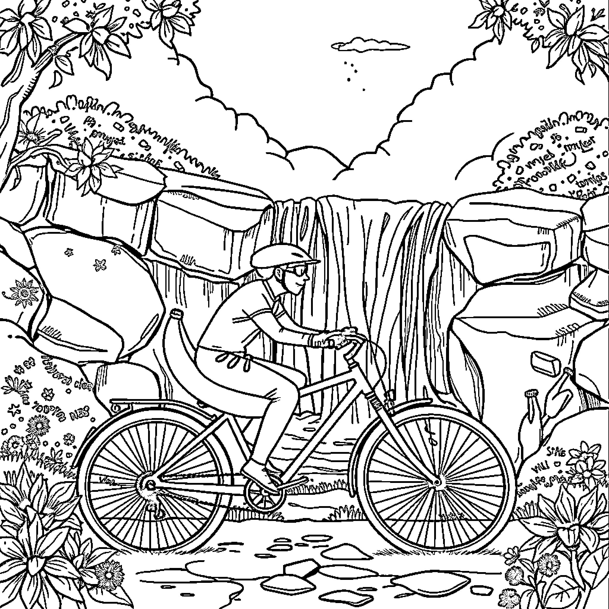 Banana riding bike through scenic landscape Coloring Page (free black-and-white line drawing printable PDF for all, from beginners to advanced learners, including children, teens, adults, and seniors)