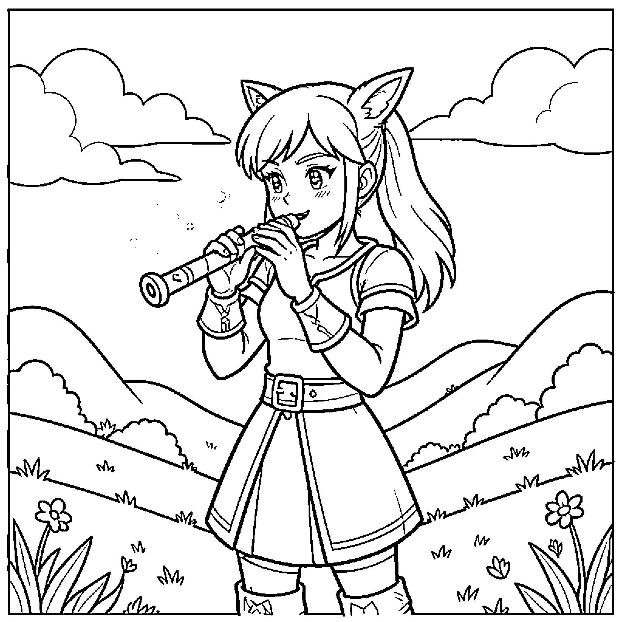 Zelda exploring the outdoors with her telescope Coloring Page (free black-and-white line drawing printable PDF for all, from beginners to advanced learners, including children, teens, adults, and seniors)