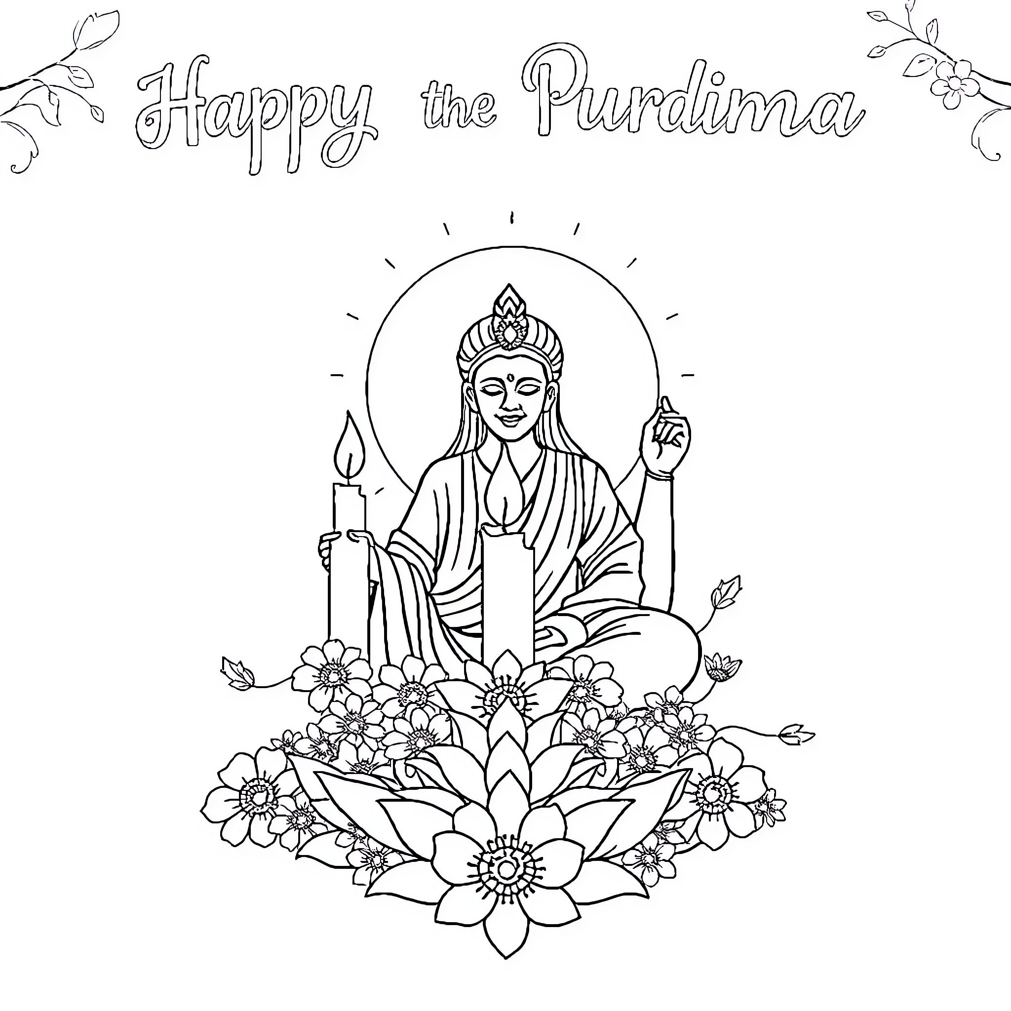 Guru Purnima celebration with floral decorations Coloring Page (free black-and-white line drawing printable PDF for all, from beginners to advanced learners, including children, teens, adults, and seniors)