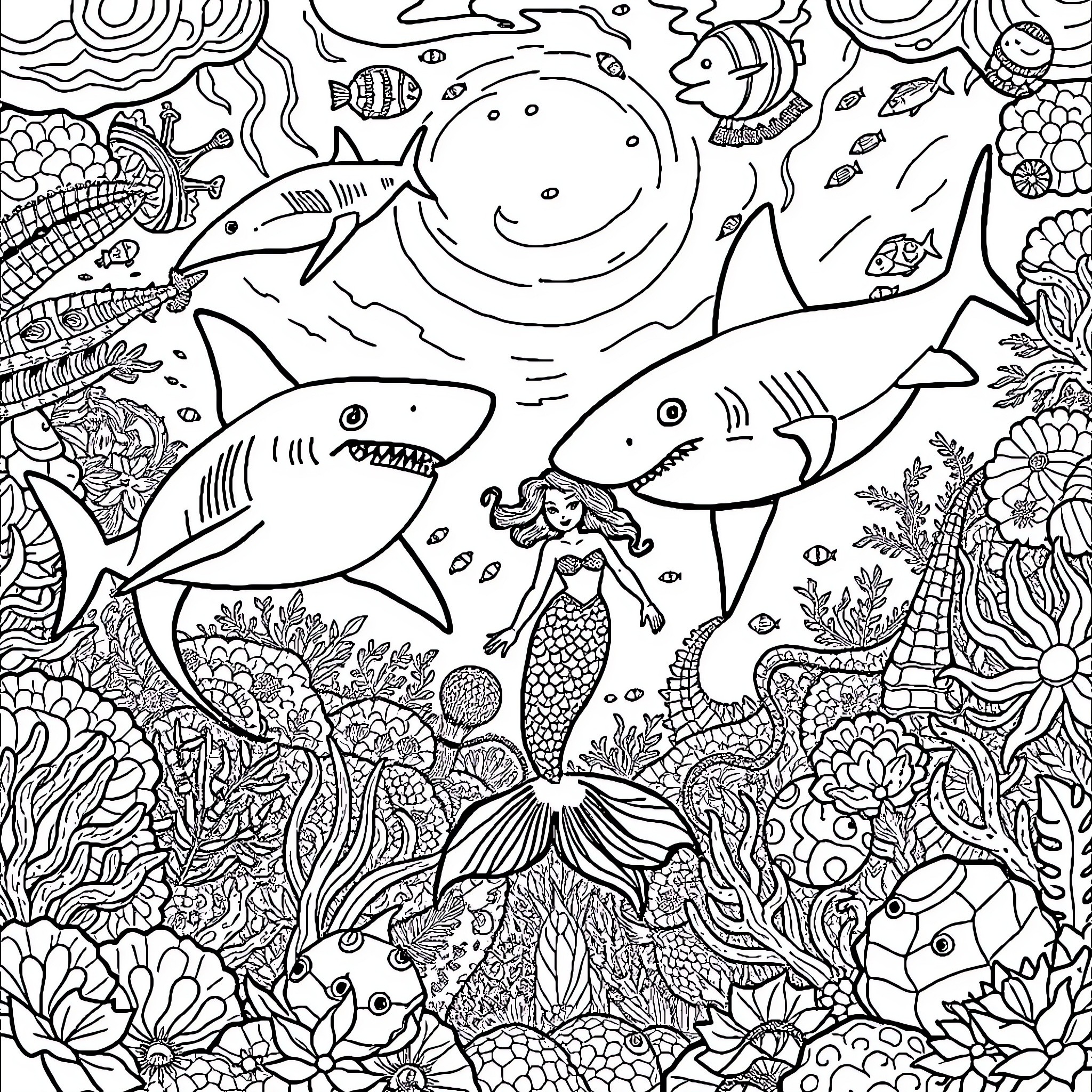 Shark-themed underwater scene with a mermaid Coloring Page (free black-and-white line drawing printable PDF for all, from beginners to advanced learners, including children, teens, adults, and seniors)