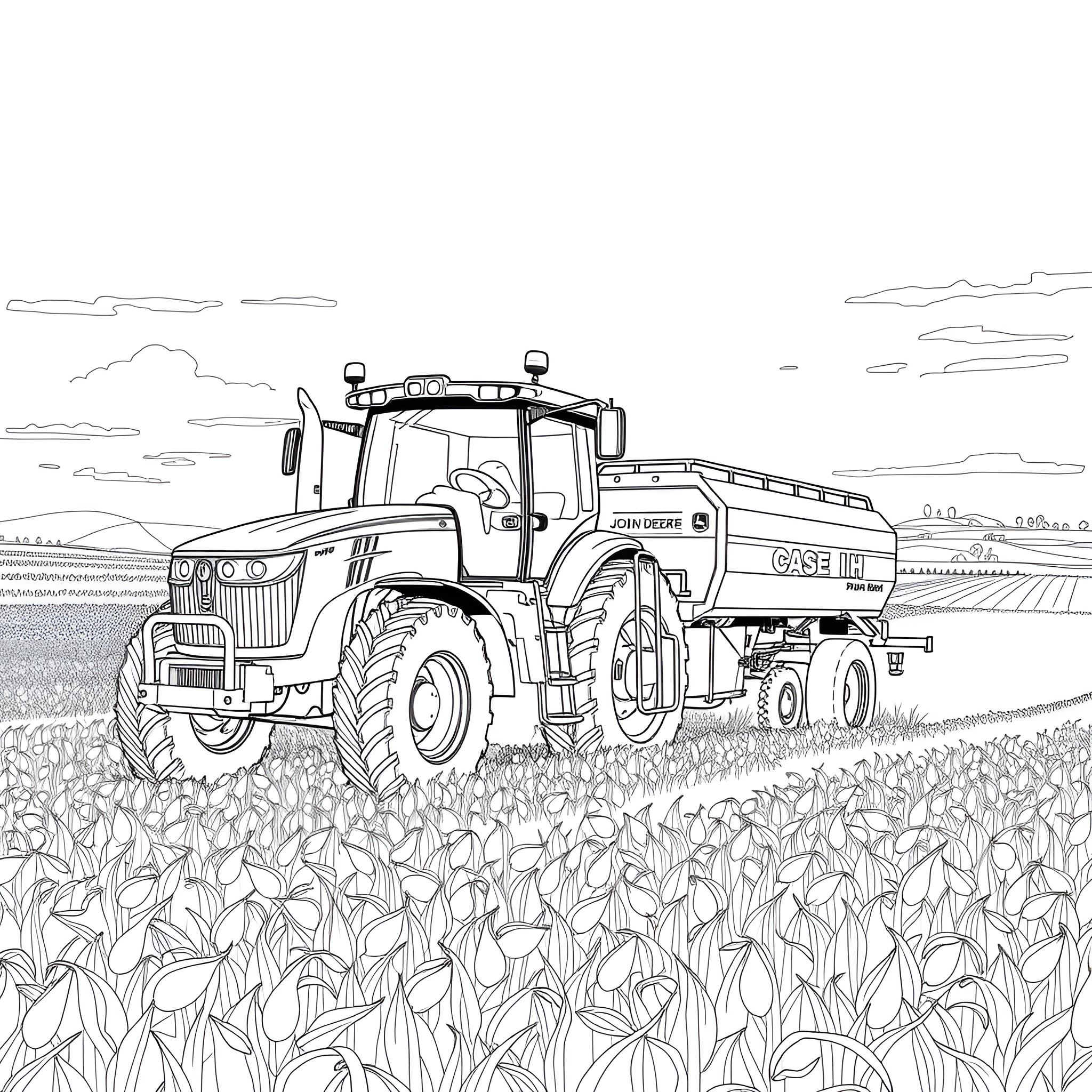 Tractor plowing through lush farmland Coloring Page (free black-and-white line drawing printable PDF for all, from beginners to advanced learners, including children, teens, adults, and seniors)
