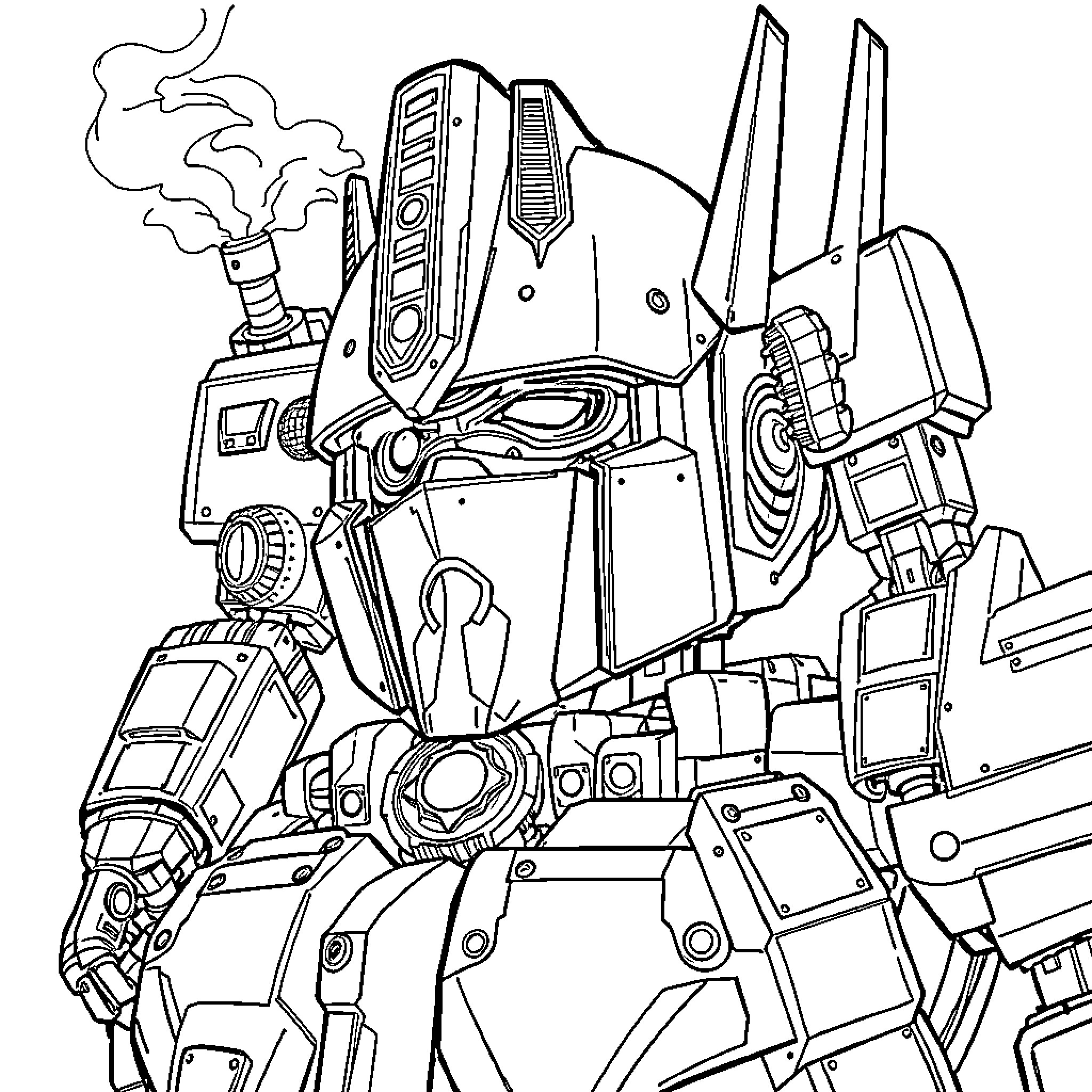 Optimus Prime in an Intense Battle Pose Coloring Page (free black-and-white line drawing printable PDF for all, from beginners to advanced learners, including children, teens, adults, and seniors)