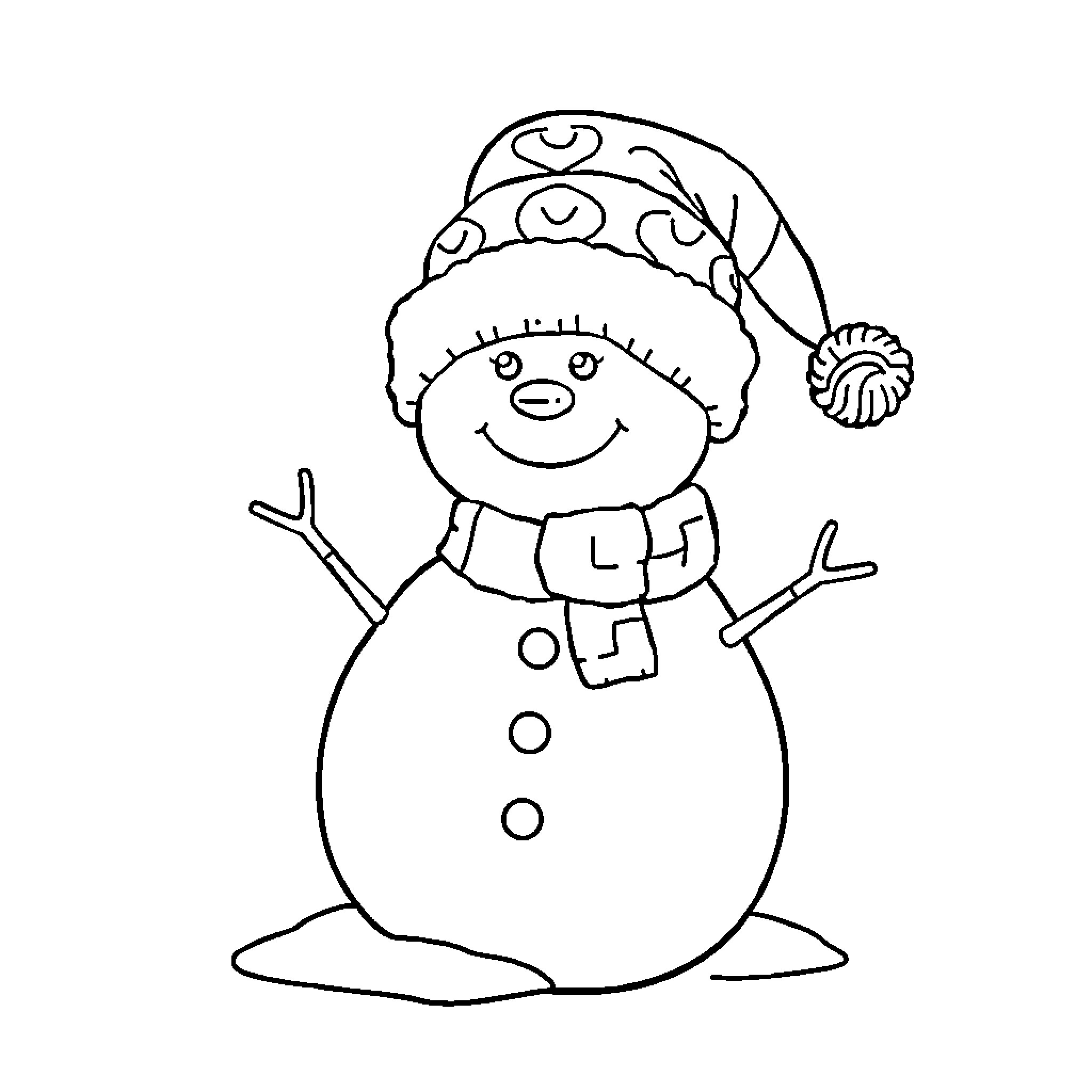 Snowman wearing a hat and scarf Coloring Page (free black-and-white line drawing printable PDF for all, from beginners to advanced learners, including children, teens, adults, and seniors)