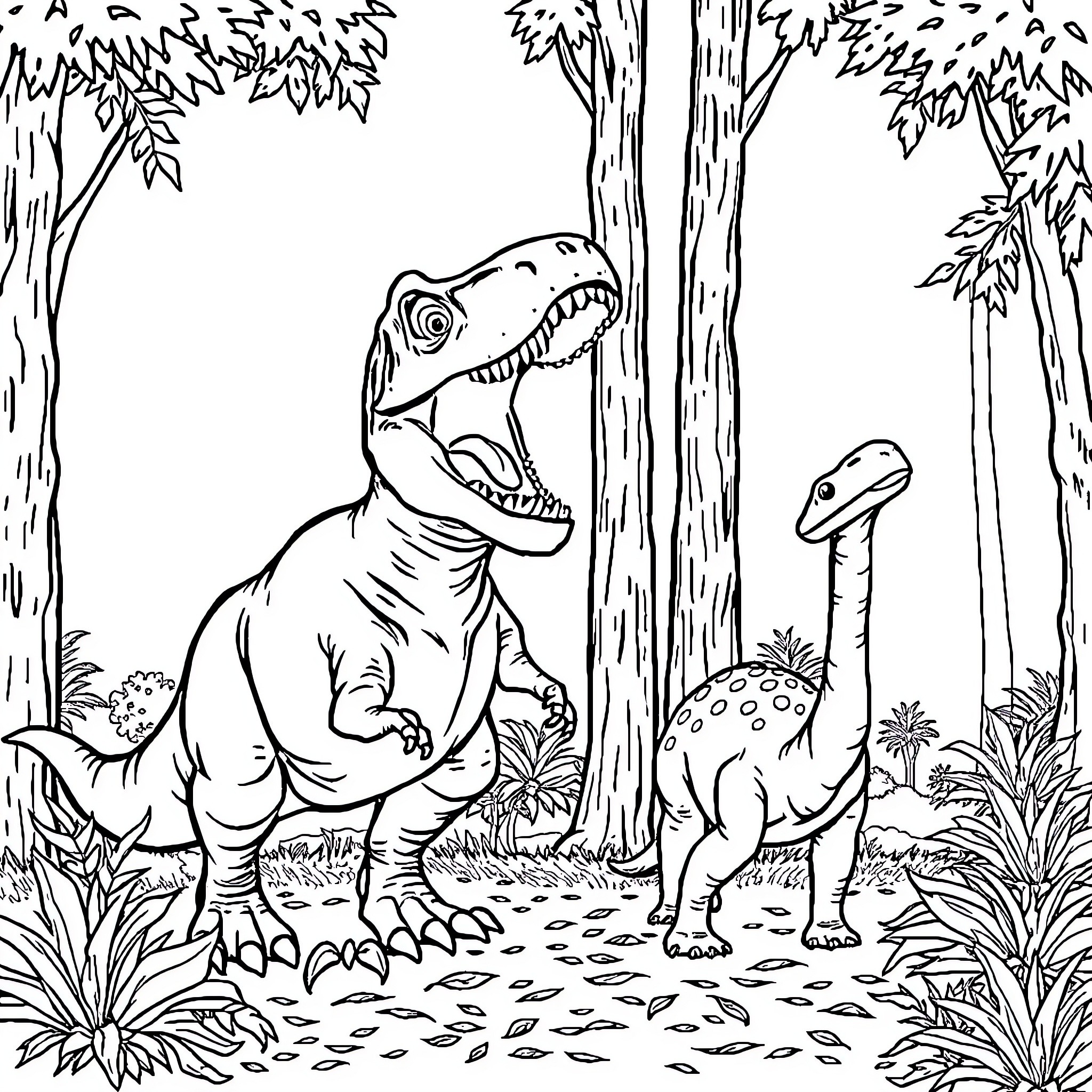Dinosaurs exploring the prehistoric forest Coloring Page (free black-and-white line drawing printable PDF for all, from beginners to advanced learners, including children, teens, adults, and seniors)