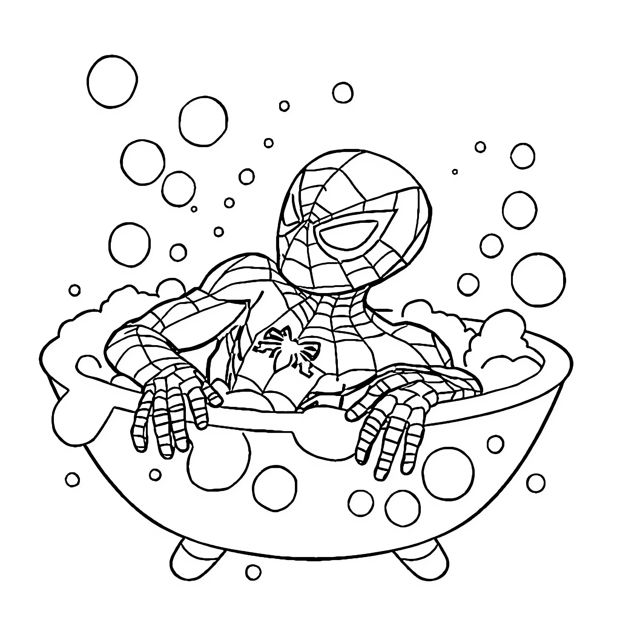 Spidey relaxing in a bubble bath Coloring Page (free black-and-white line drawing printable PDF for all, from beginners to advanced learners, including children, teens, adults, and seniors)