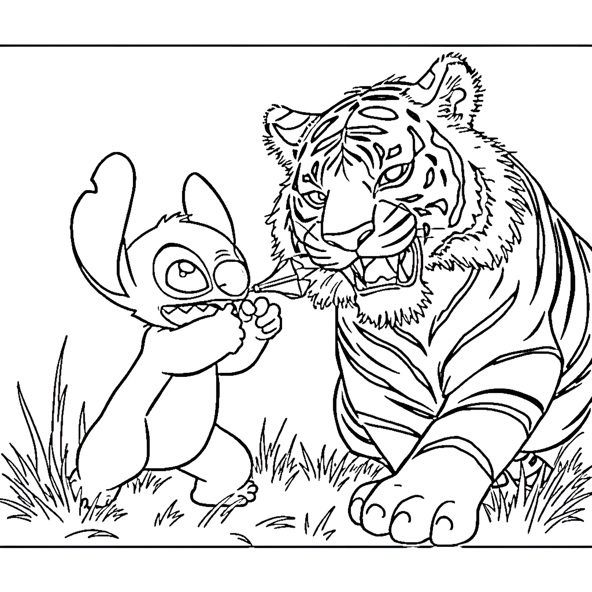 Stitch and Tiger Encounter in the Wild Coloring Page (free black-and-white line drawing printable PDF for all, from beginners to advanced learners, including children, teens, adults, and seniors)