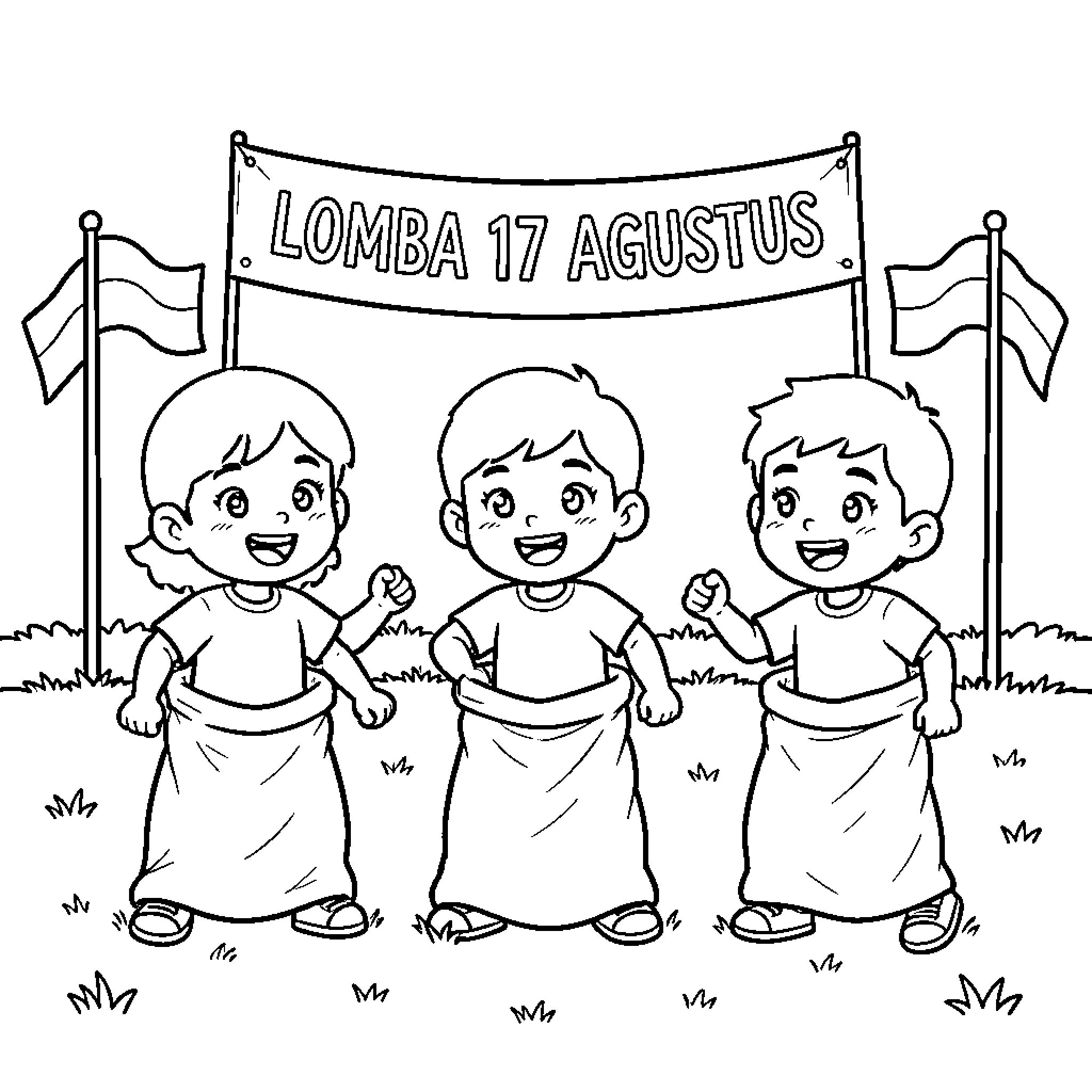 Kindergarteners participating in a sack race competition Coloring Page (free black-and-white line drawing printable PDF for all, from beginners to advanced learners, including children, teens, adults, and seniors)