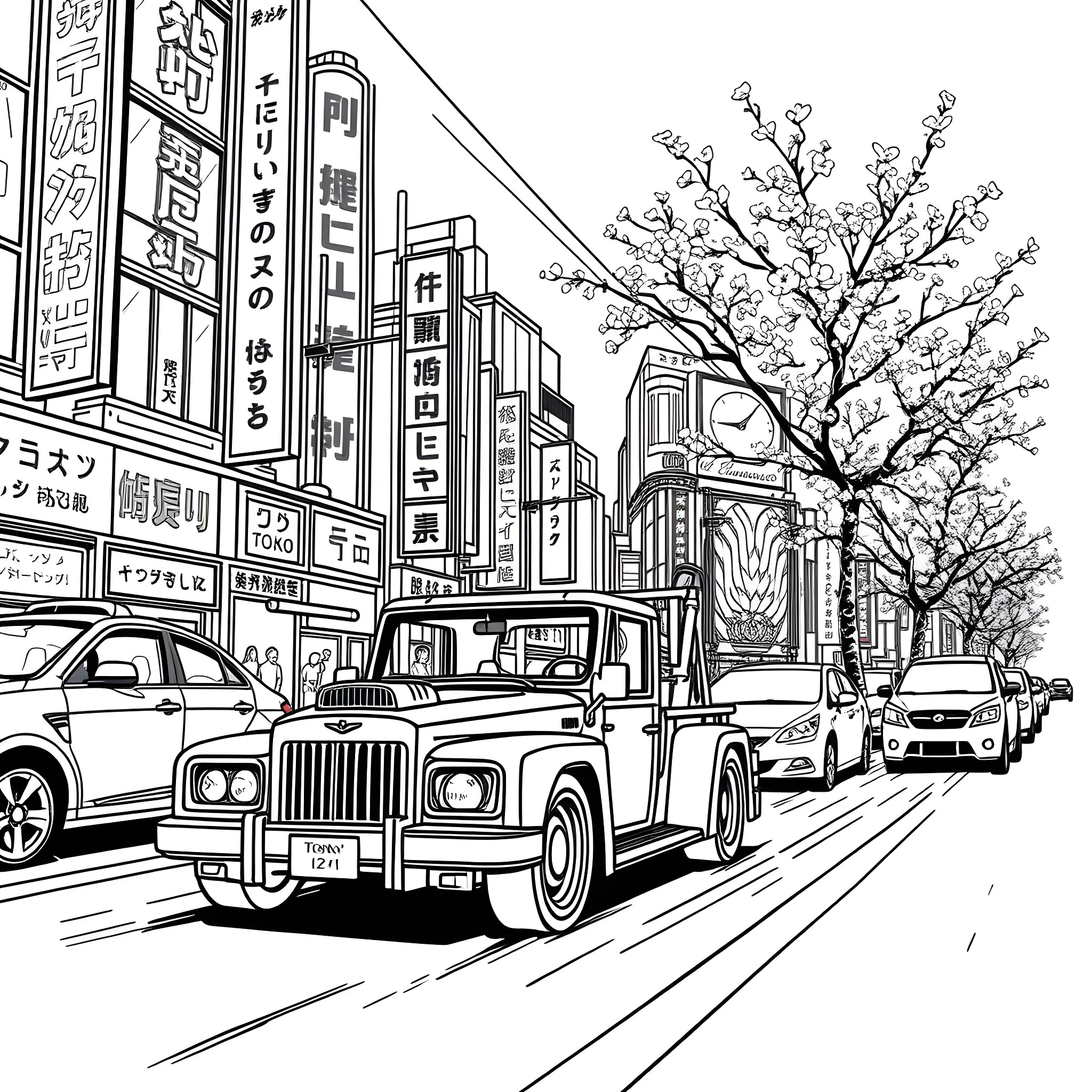 Tow Mater in the bustling city streets Coloring Page (free black-and-white line drawing printable PDF for all, from beginners to advanced learners, including children, teens, adults, and seniors)