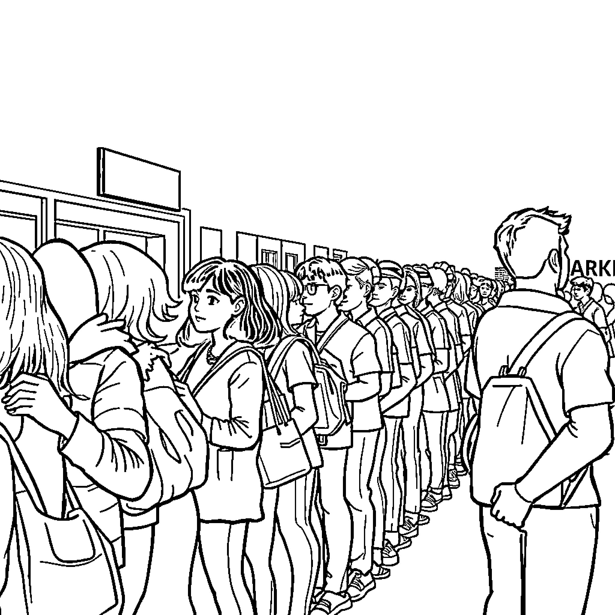 Line of Individuals Awaiting Entry Coloring Page (free black-and-white line drawing printable PDF for all, from beginners to advanced learners, including children, teens, adults, and seniors)