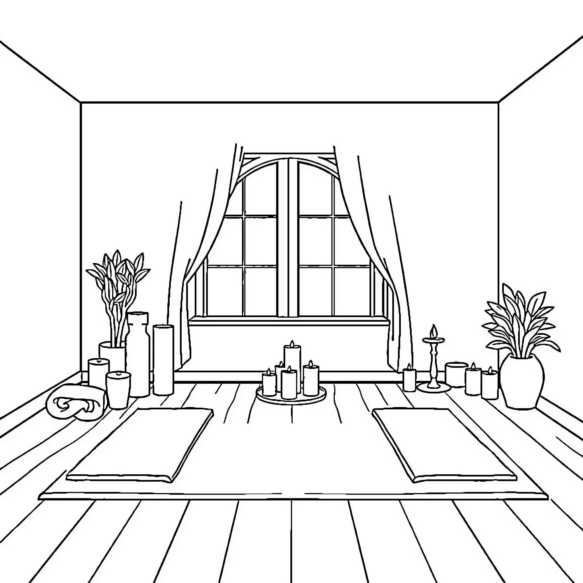 Yoga Room with Peaceful Decor Coloring Page (free black-and-white line drawing printable PDF for all, from beginners to advanced learners, including children, teens, adults, and seniors)