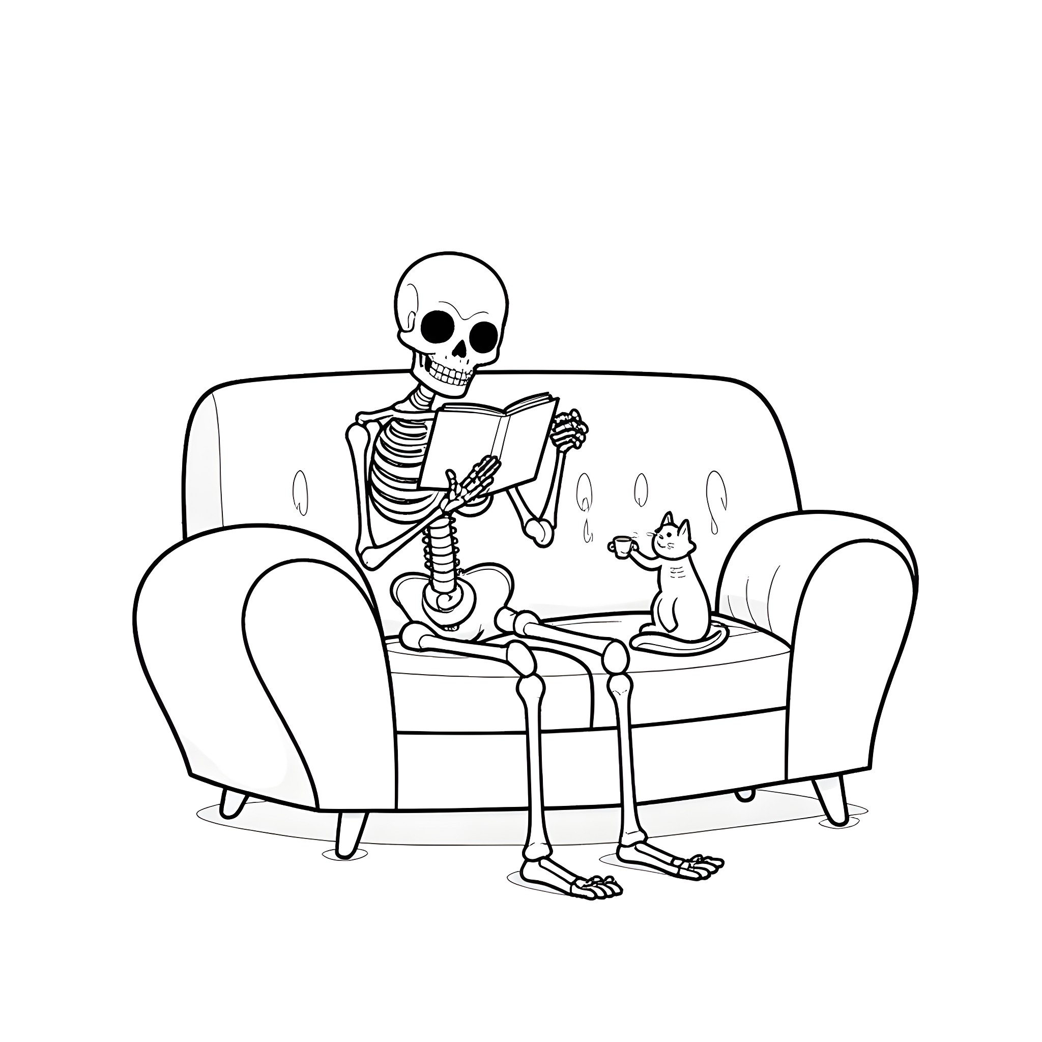 Skeleton reading a book on the couch with a cat Coloring Page (free black-and-white line drawing printable PDF for all, from beginners to advanced learners, including children, teens, adults, and seniors)