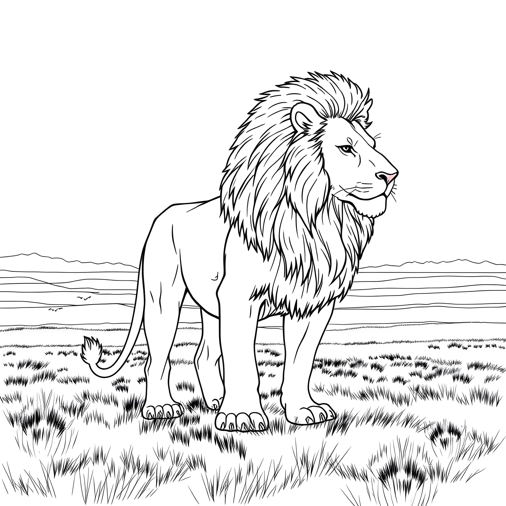 Lion standing majestically in the grasslands Coloring Page (free black-and-white line drawing printable PDF for all, from beginners to advanced learners, including children, teens, adults, and seniors)