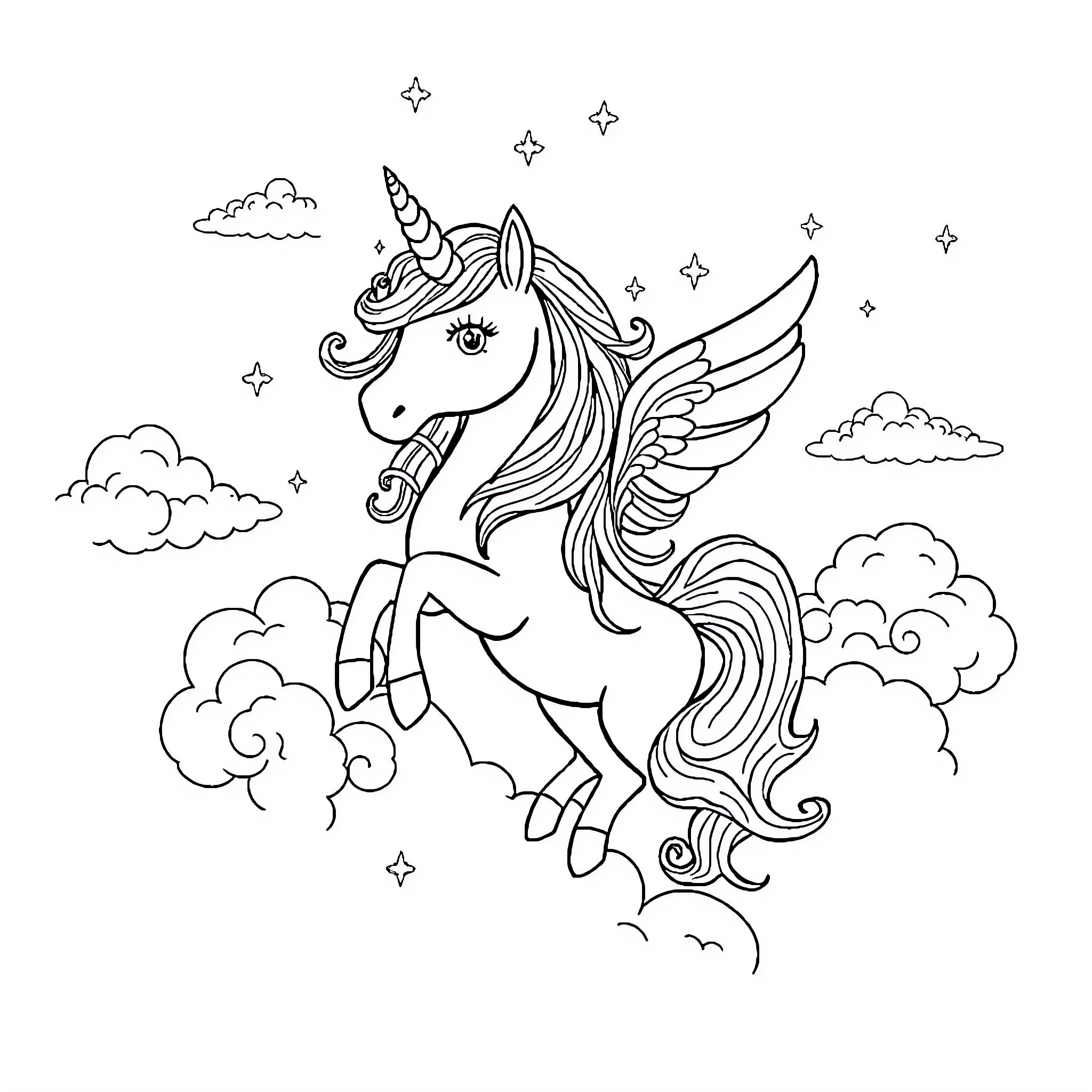 Unicorn flying among the clouds and stars Coloring Page (free black-and-white line drawing printable PDF for all, from beginners to advanced learners, including children, teens, adults, and seniors)