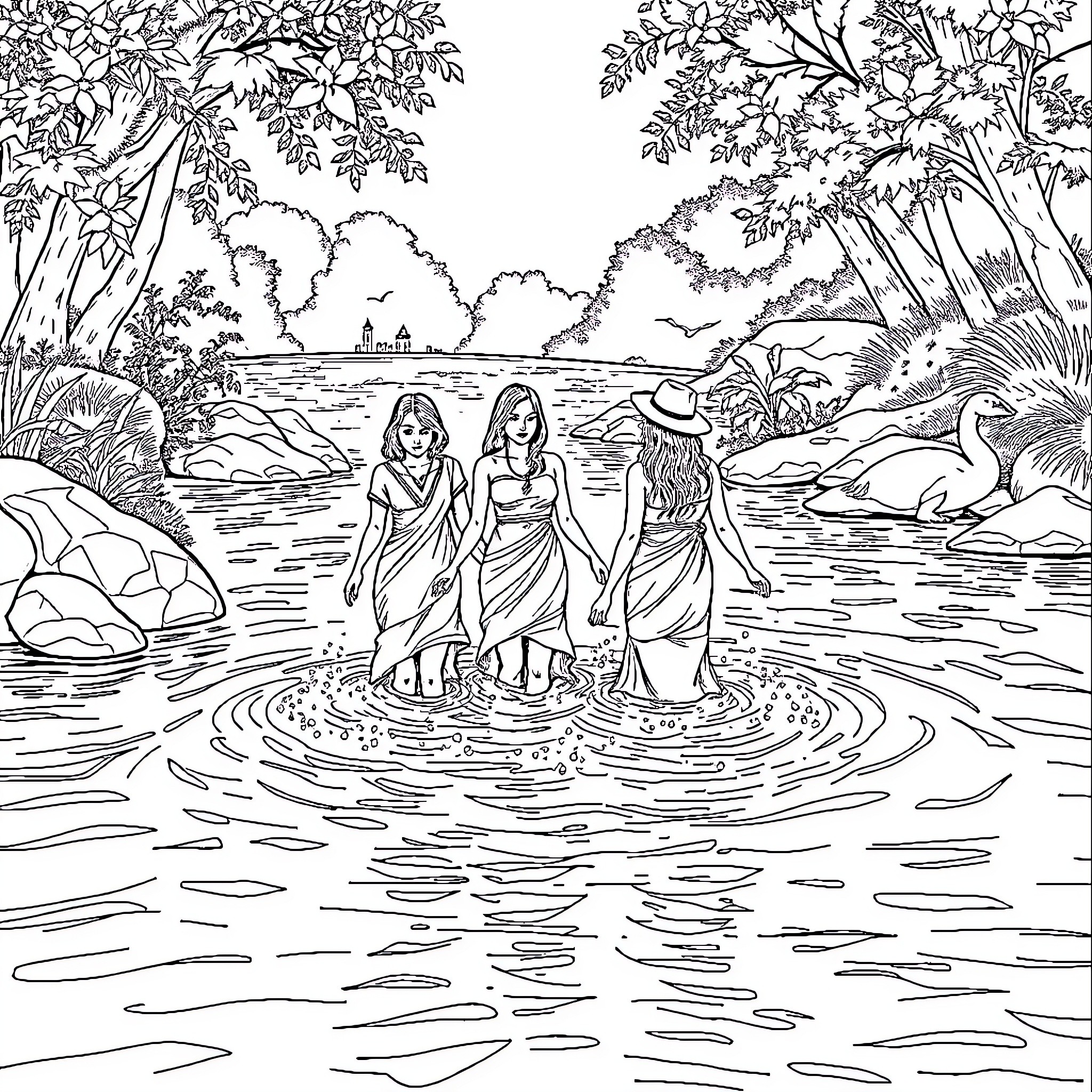Women wading in a serene, natural landscape Coloring Page (free black-and-white line drawing printable PDF for all, from beginners to advanced learners, including children, teens, adults, and seniors)