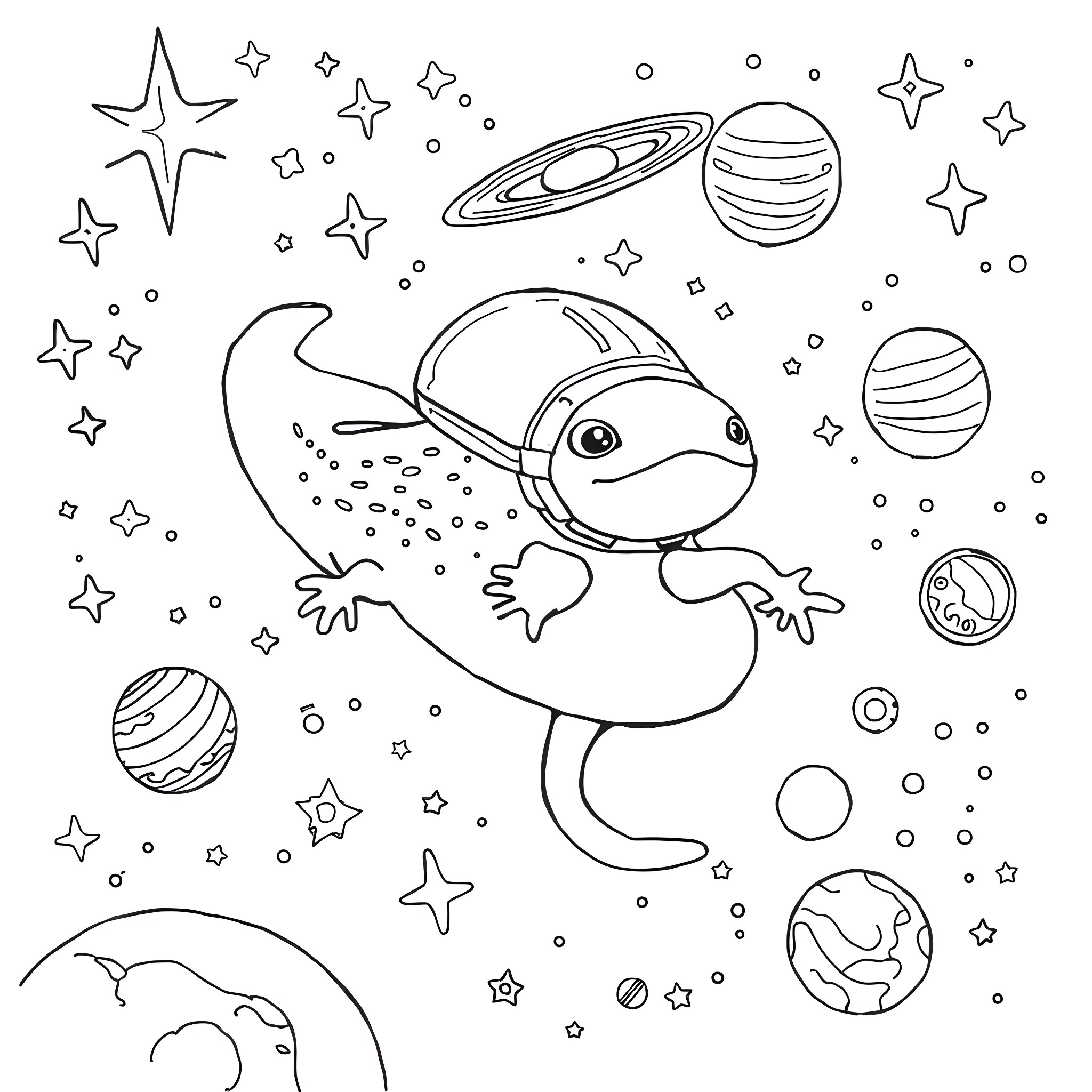Axolotl exploring the cosmos Coloring Page (free black-and-white line drawing printable PDF for all, from beginners to advanced learners, including children, teens, adults, and seniors)