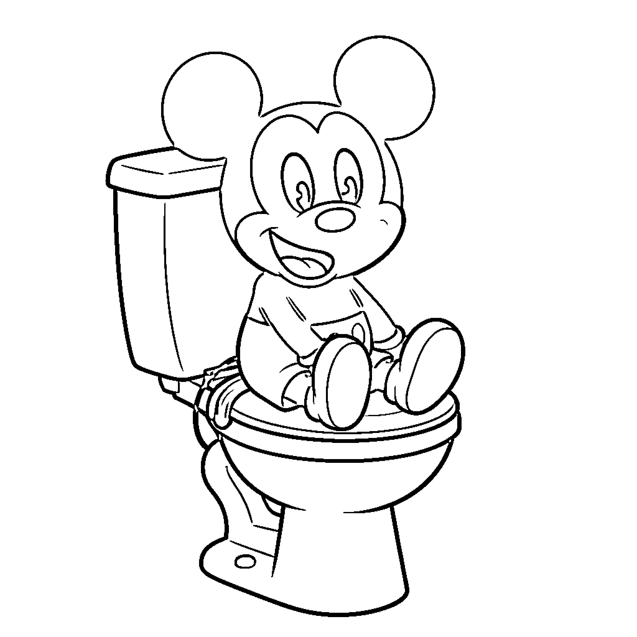 Mickey sitting happily on a toilet Coloring Page (free black-and-white line drawing printable PDF for all, from beginners to advanced learners, including children, teens, adults, and seniors)