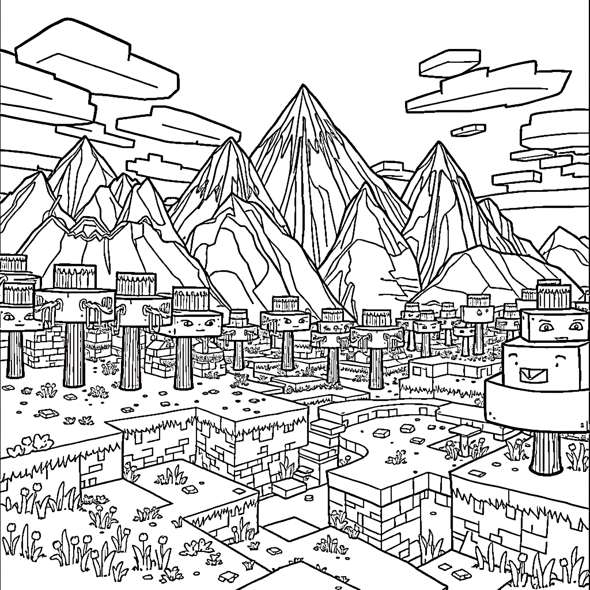 Minecraft fantasy landscape with mountains and buildings Coloring Page (free black-and-white line drawing printable PDF for all, from beginners to advanced learners, including children, teens, adults, and seniors)