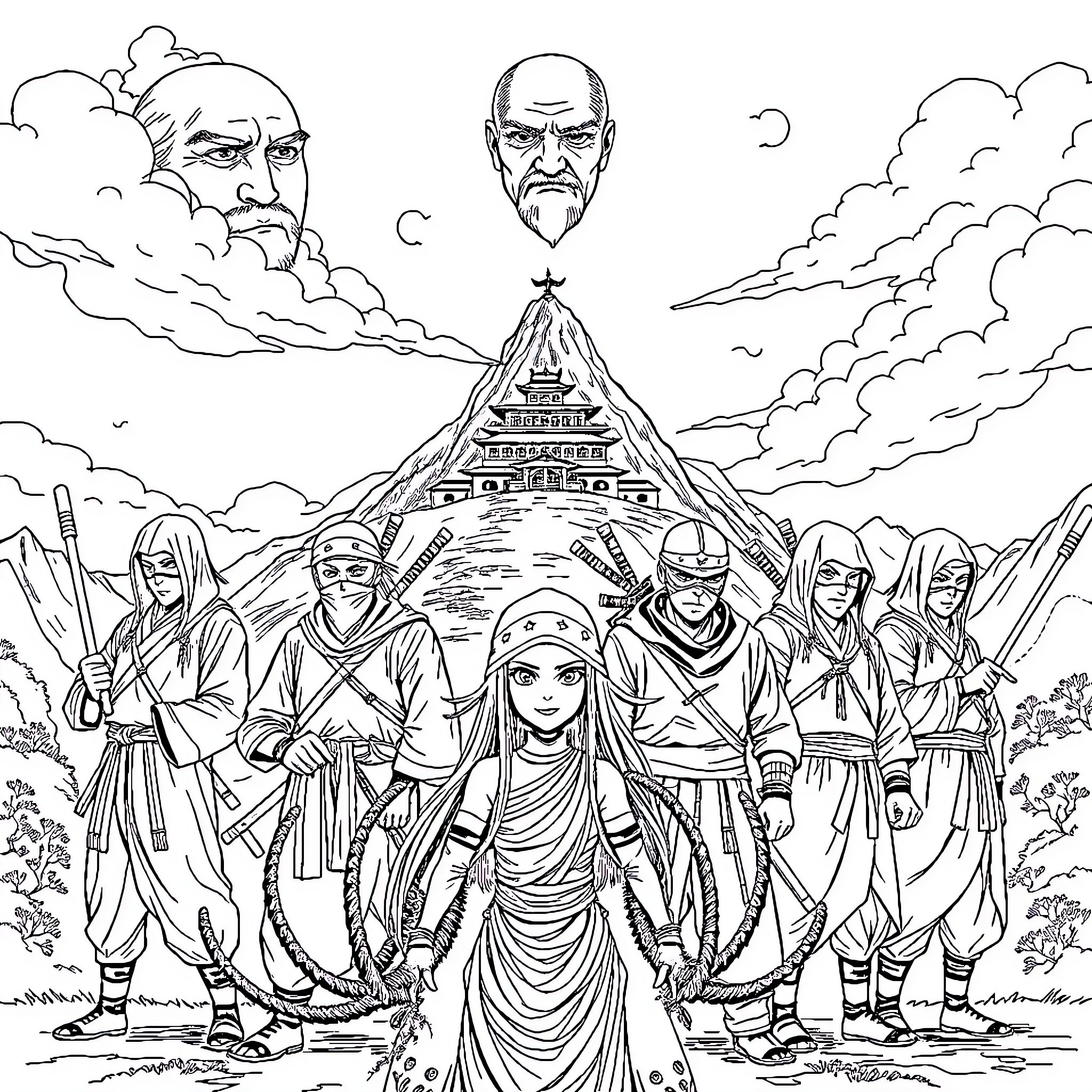 Ninja warriors on a perilous journey towards an ancient temple Coloring Page (free black-and-white line drawing printable PDF for all, from beginners to advanced learners, including children, teens, adults, and seniors)