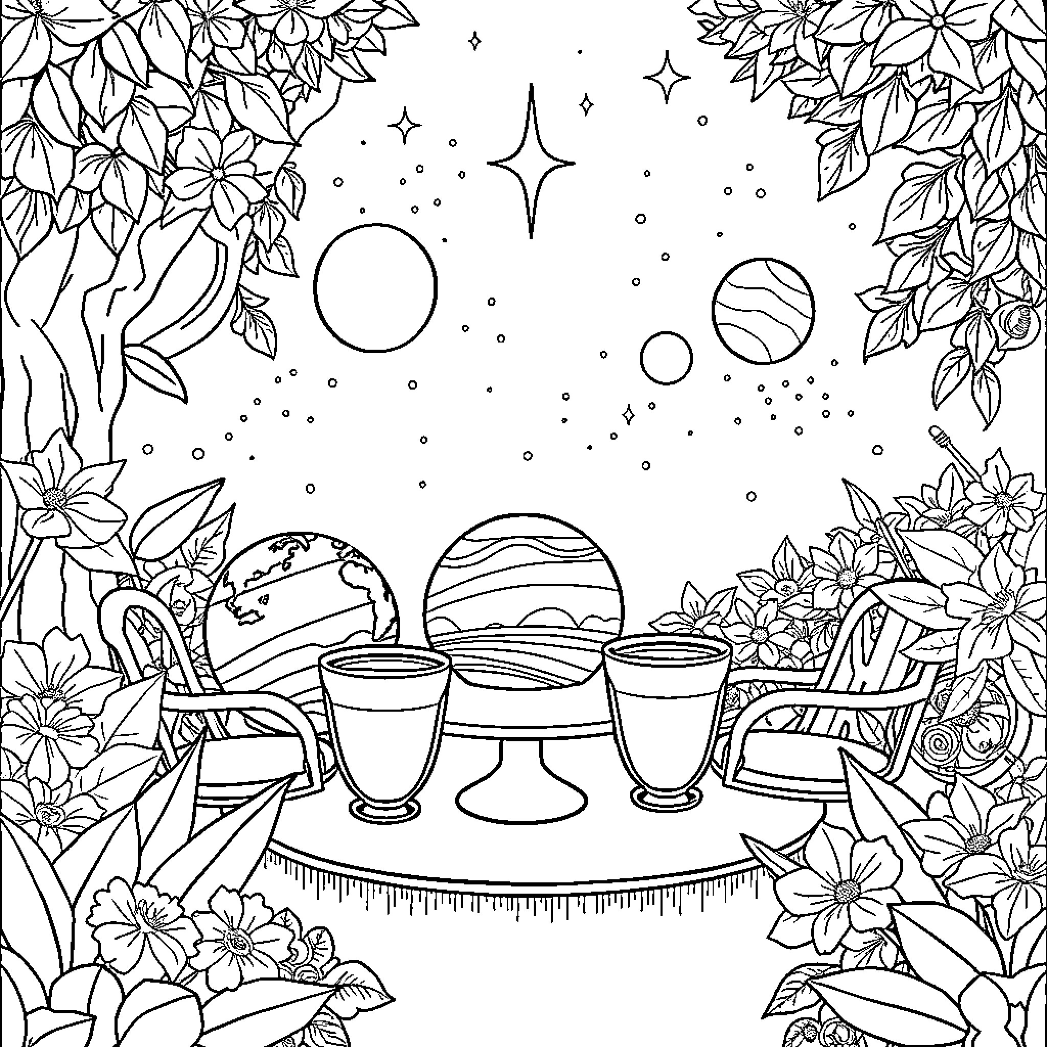 Planet Picnic Under the Starry Sky Coloring Page (free black-and-white line drawing printable PDF for all, from beginners to advanced learners, including children, teens, adults, and seniors)