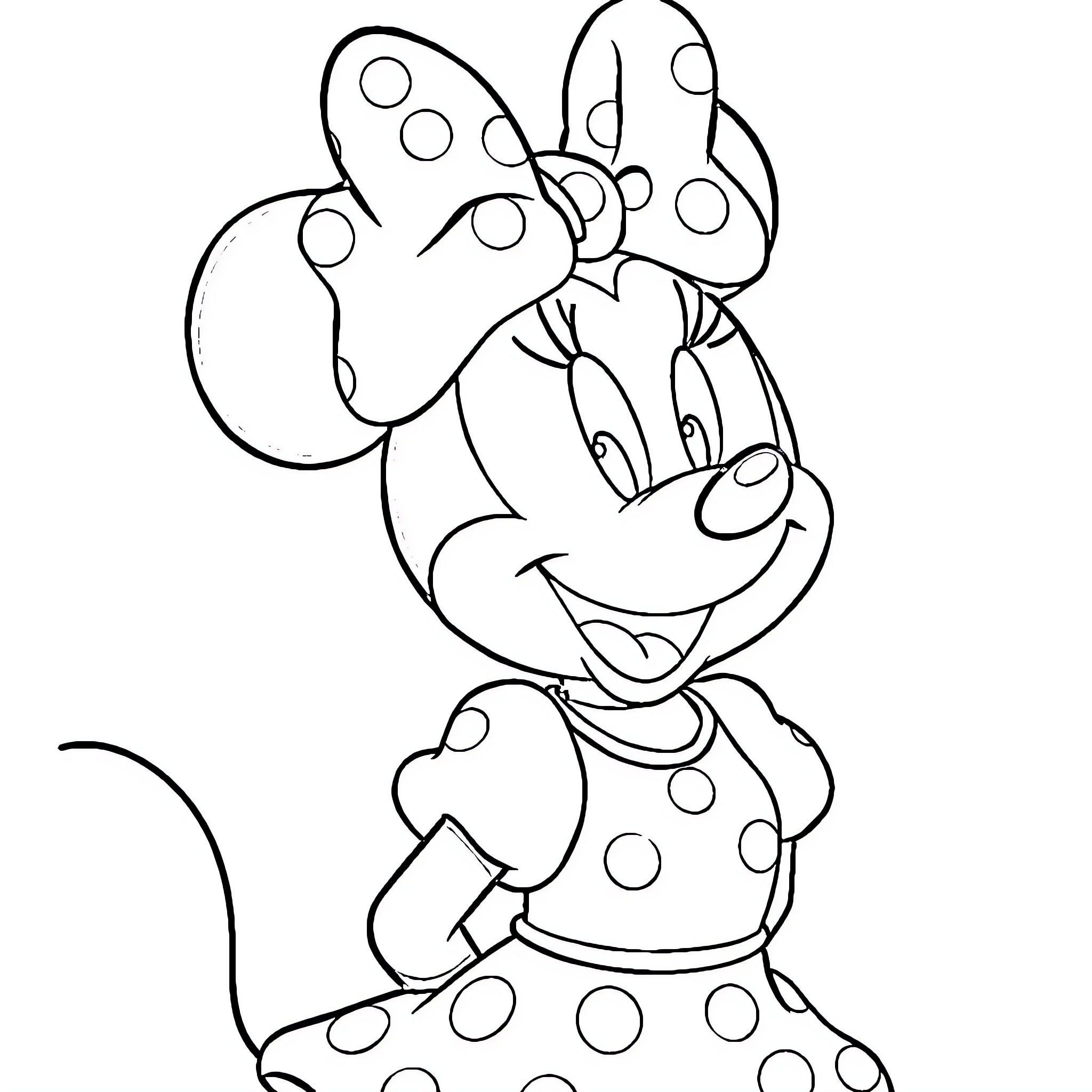Minnie Mouse in a polka dot dress Coloring Page (free black-and-white line drawing printable PDF for all, from beginners to advanced learners, including children, teens, adults, and seniors)
