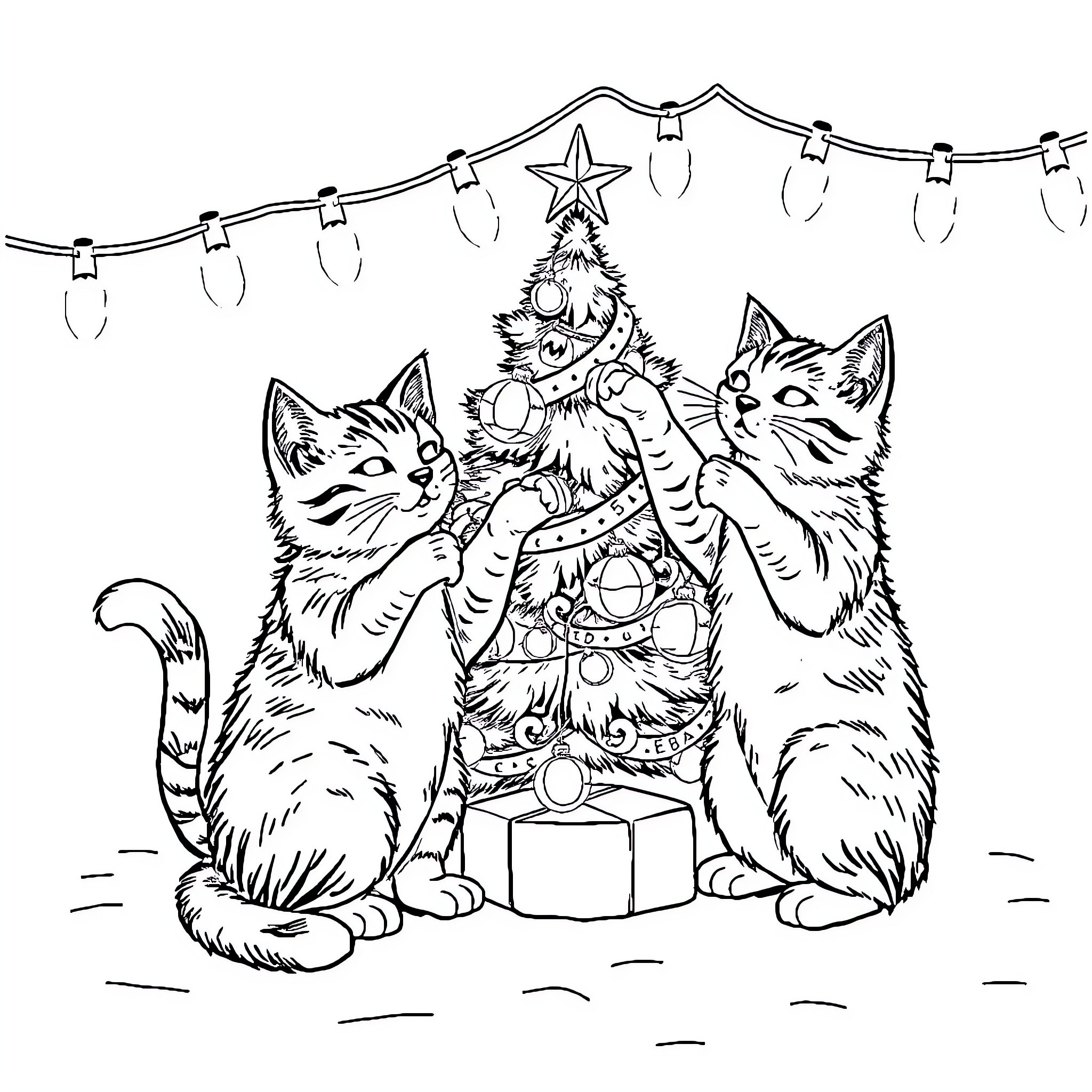 Cat Kittens Admiring Christmas Tree Coloring Page (free black-and-white line drawing printable PDF for all, from beginners to advanced learners, including children, teens, adults, and seniors)