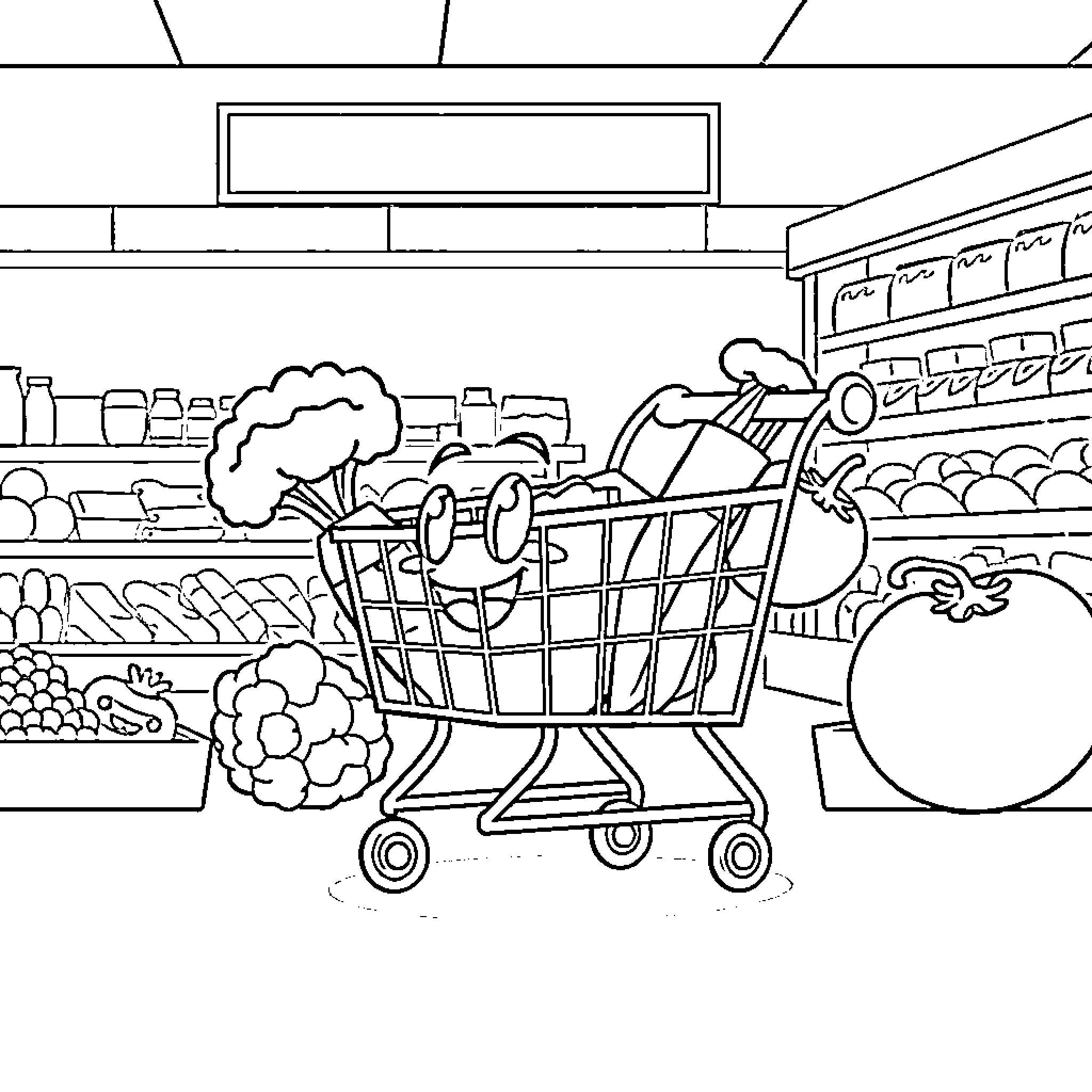 Grocery Cart Filled with Fresh Produce Coloring Page (free black-and-white line drawing printable PDF for all, from beginners to advanced learners, including children, teens, adults, and seniors)