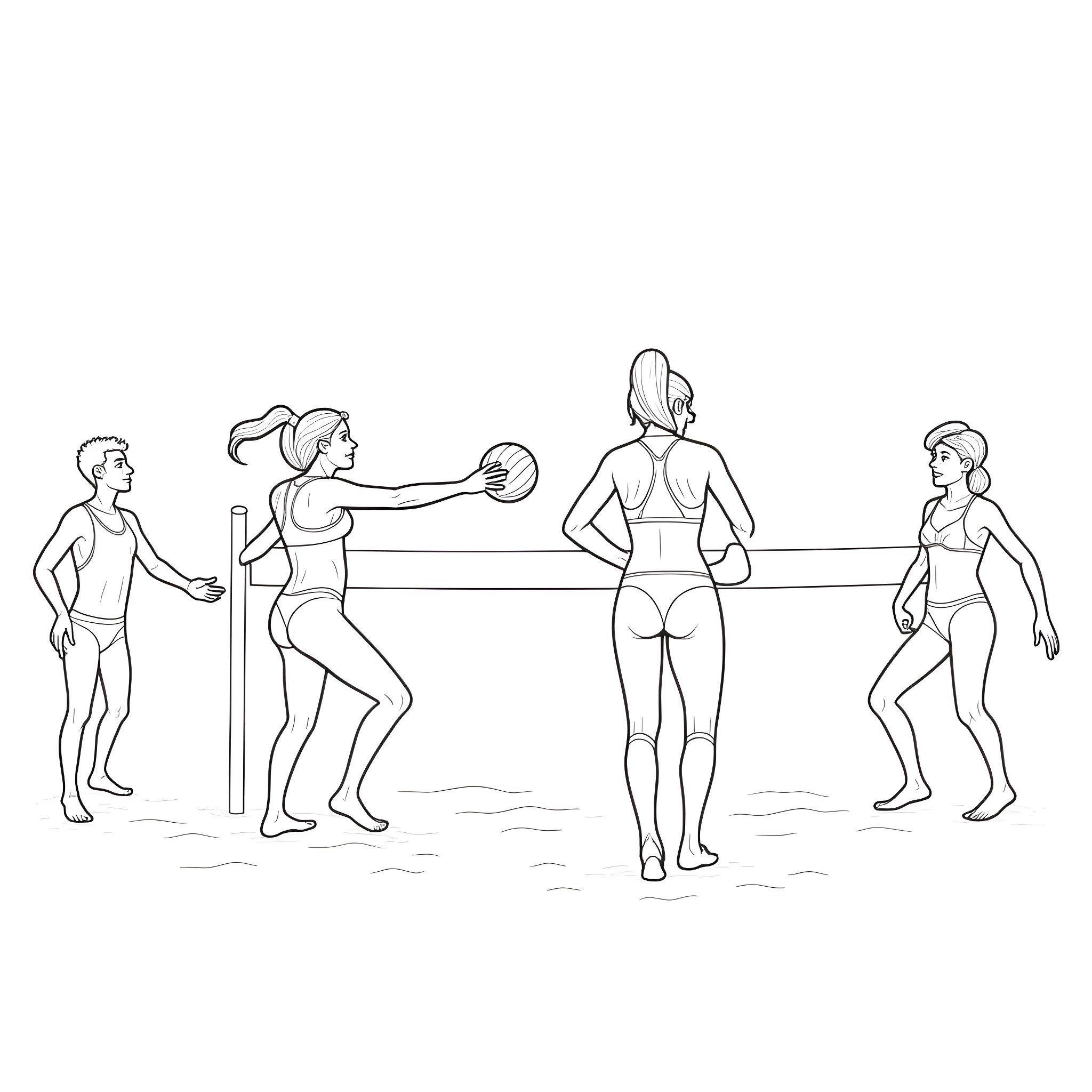 Beach Volleyball Players in Athletic Competition Coloring Page (free black-and-white line drawing printable PDF for all, from beginners to advanced learners, including children, teens, adults, and seniors)