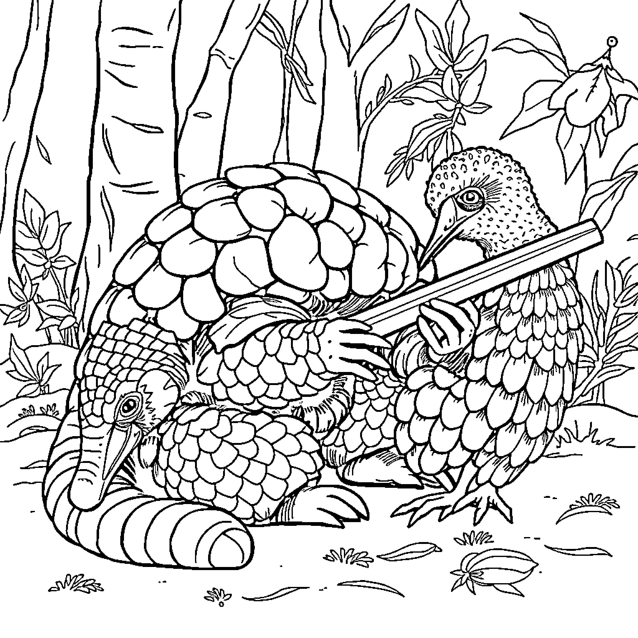 Pangolin family in lush forest habitat Coloring Page (free black-and-white line drawing printable PDF for all, from beginners to advanced learners, including children, teens, adults, and seniors)