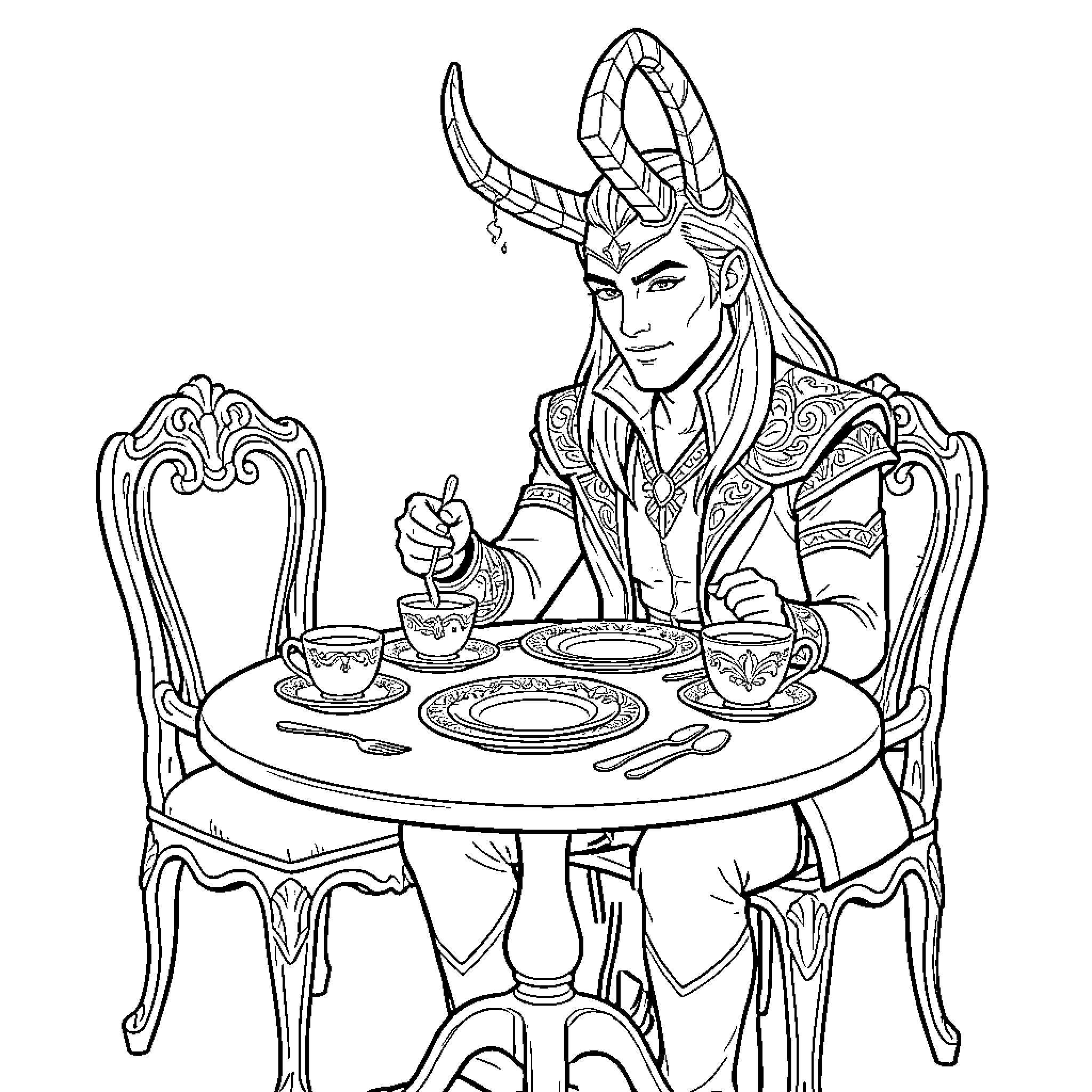 Loki sitting at a table enjoying a meal Coloring Page (free black-and-white line drawing printable PDF for all, from beginners to advanced learners, including children, teens, adults, and seniors)