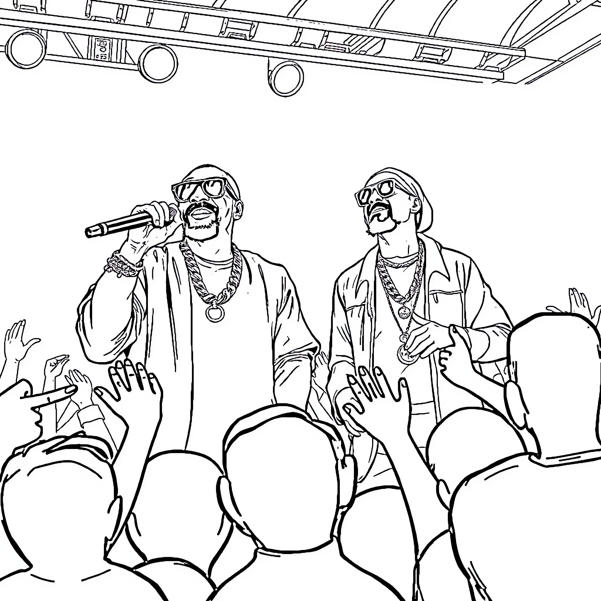 Booba Performers Entertaining Adoring Crowd Coloring Page (free black-and-white line drawing printable PDF for all, from beginners to advanced learners, including children, teens, adults, and seniors)