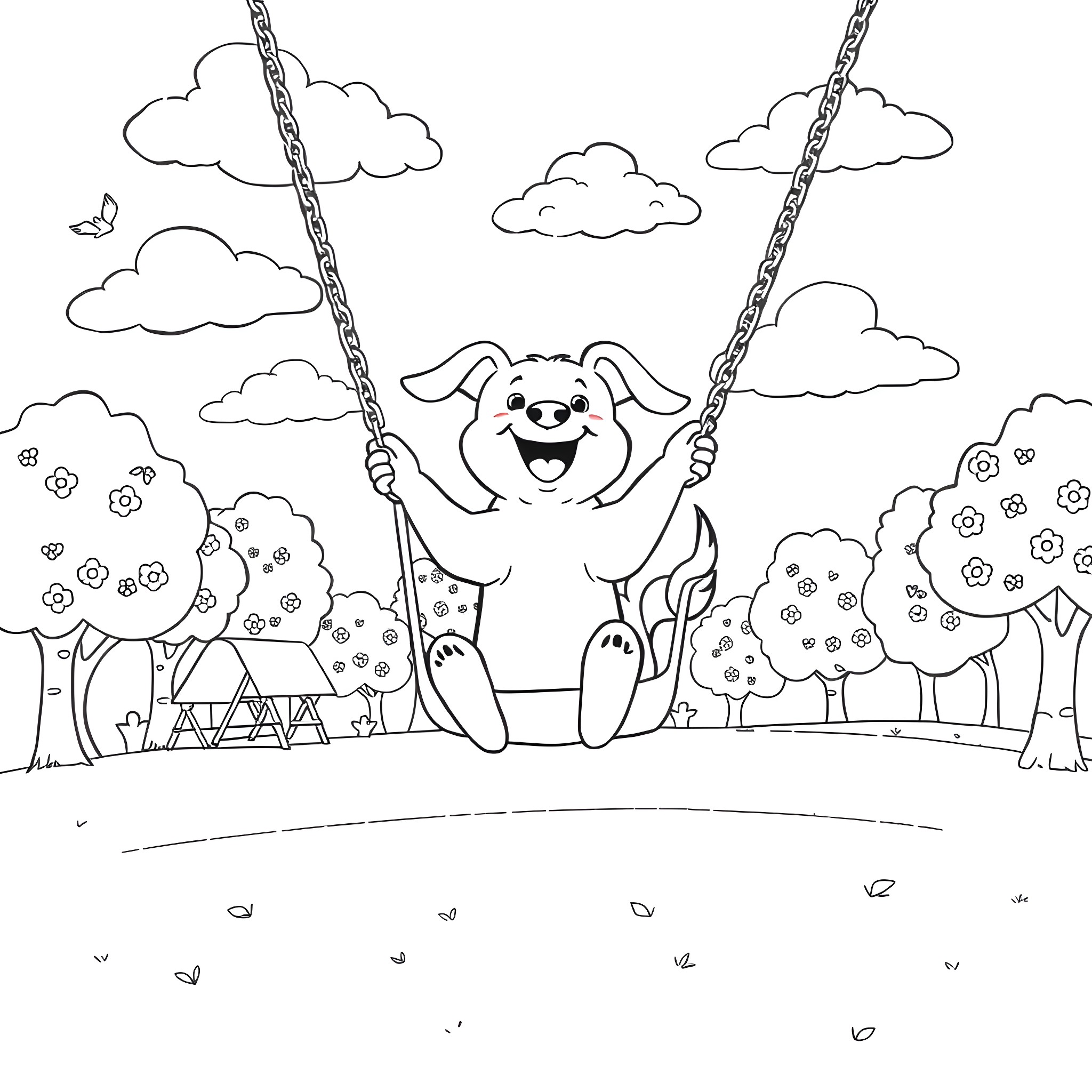Dog happily swinging on a swing in the park Coloring Page (free black-and-white line drawing printable PDF for all, from beginners to advanced learners, including children, teens, adults, and seniors)