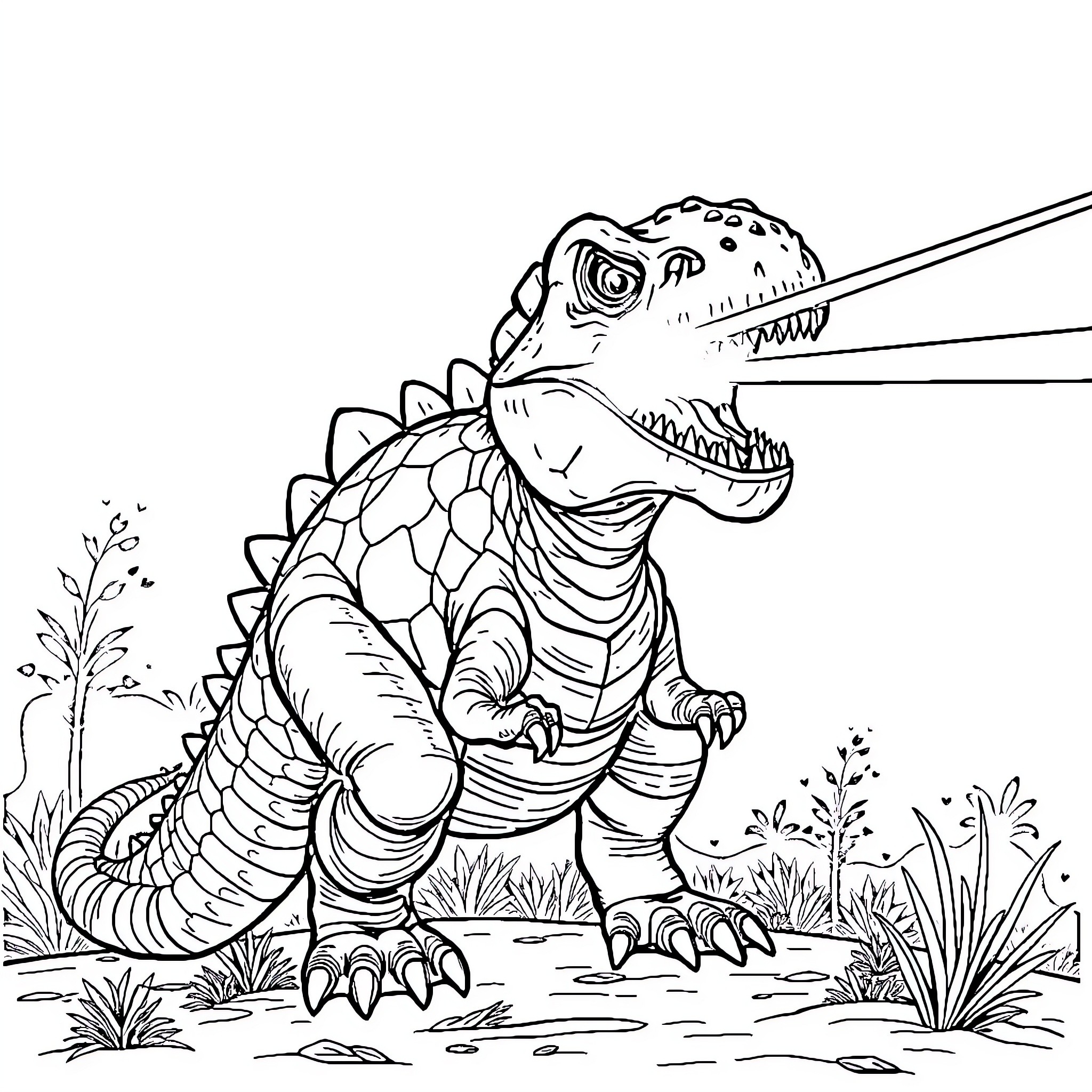 Dinosaur Stomping Ferociously Through the Wilderness Coloring Page (free black-and-white line drawing printable PDF for all, from beginners to advanced learners, including children, teens, adults, and seniors)