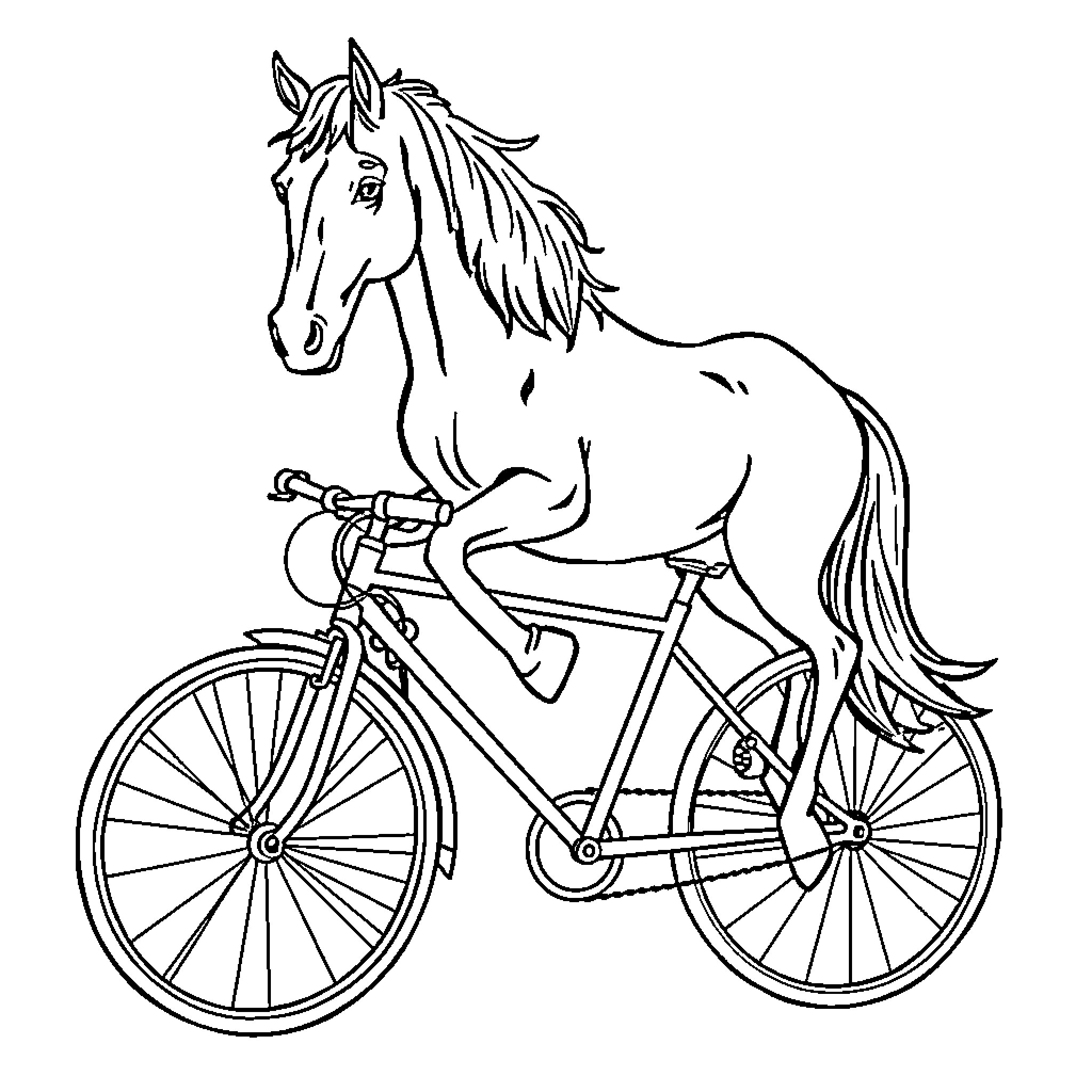 Horse riding a bicycle Coloring Page (free black-and-white line drawing printable PDF for all, from beginners to advanced learners, including children, teens, adults, and seniors)