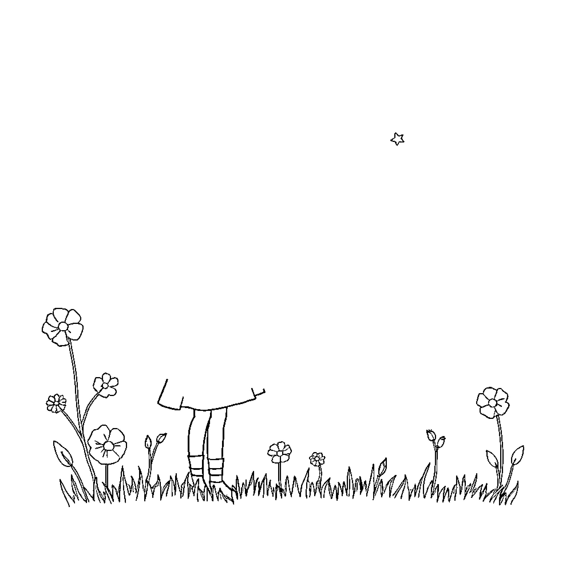 Border Collie playing in a flowery meadow Coloring Page (free black-and-white line drawing printable PDF for all, from beginners to advanced learners, including children, teens, adults, and seniors)