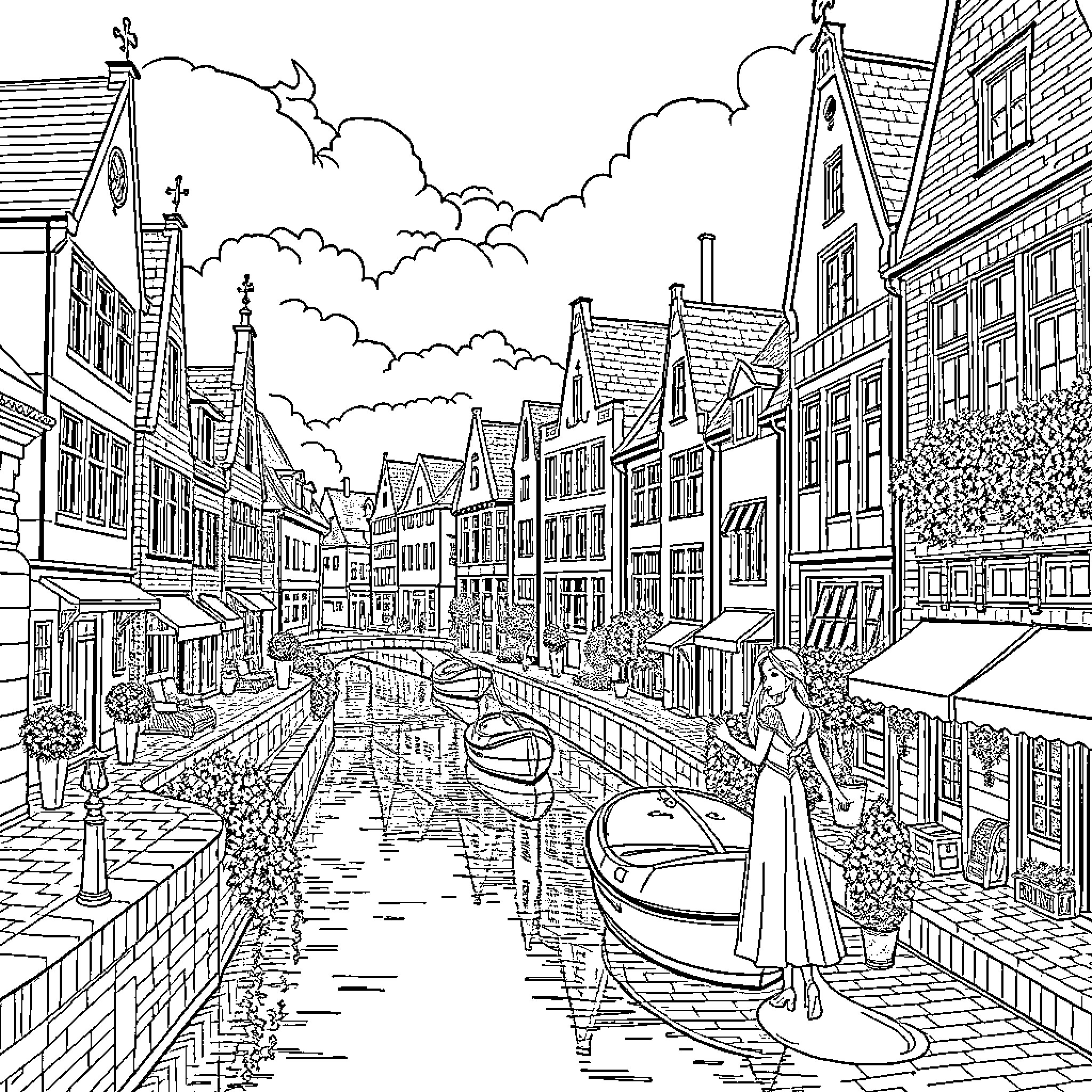Rapunzel's Enchanting Canal Stroll Coloring Page (free black-and-white line drawing printable PDF for all, from beginners to advanced learners, including children, teens, adults, and seniors)