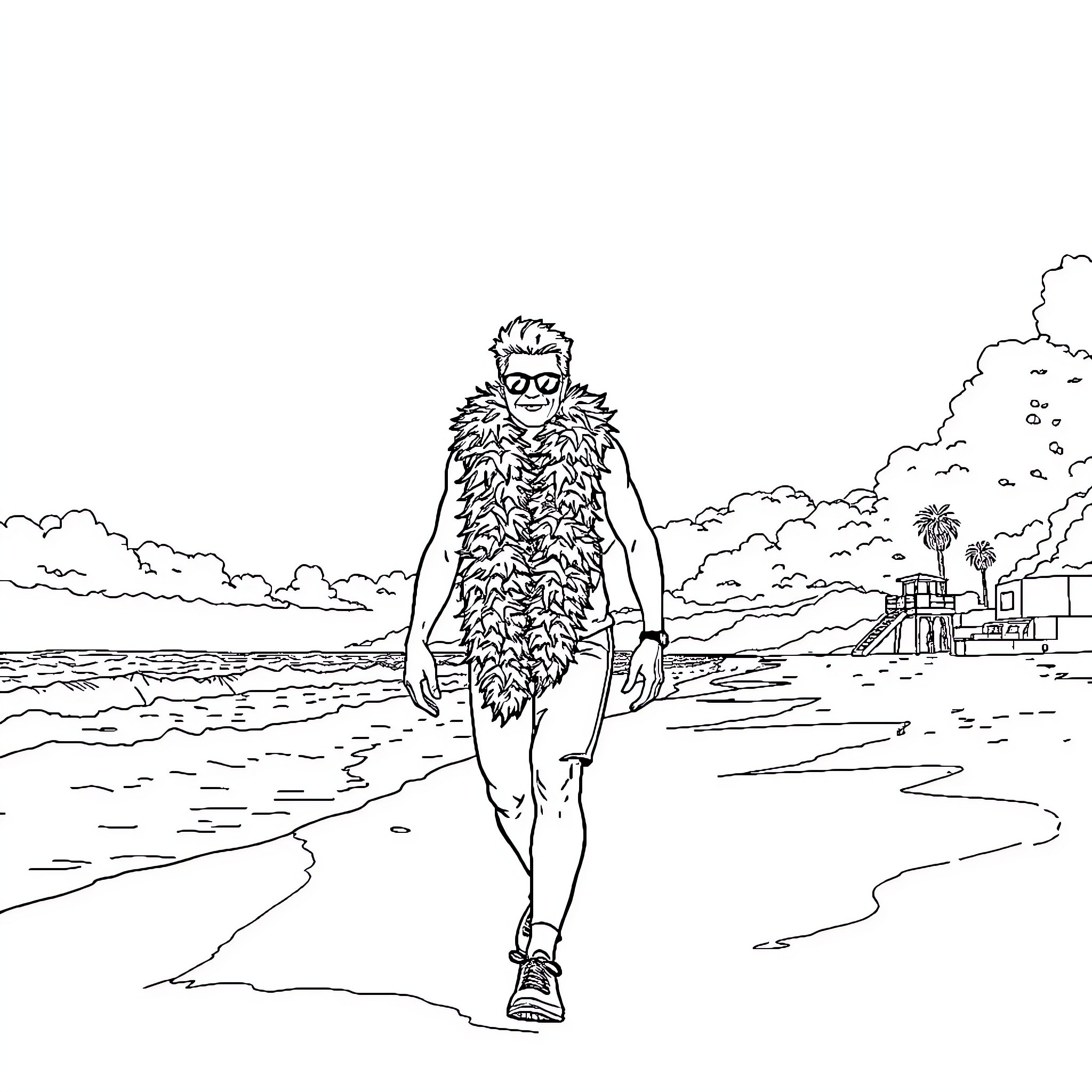 Randy's beachside stroll in quirky attire Coloring Page (free black-and-white line drawing printable PDF for all, from beginners to advanced learners, including children, teens, adults, and seniors)