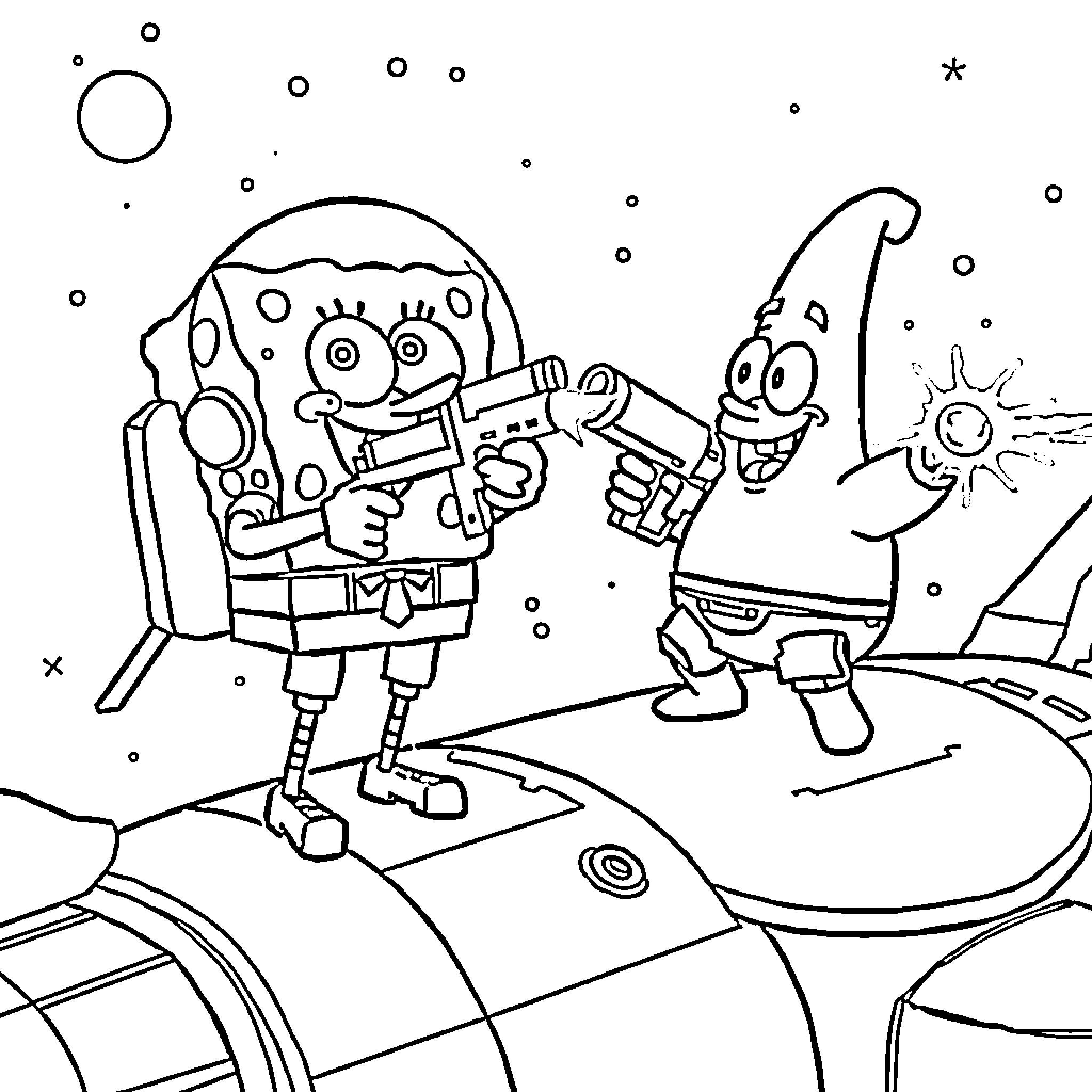 Spongebob and Patrick having an outer space adventure Coloring Page (free black-and-white line drawing printable PDF for all, from beginners to advanced learners, including children, teens, adults, and seniors)