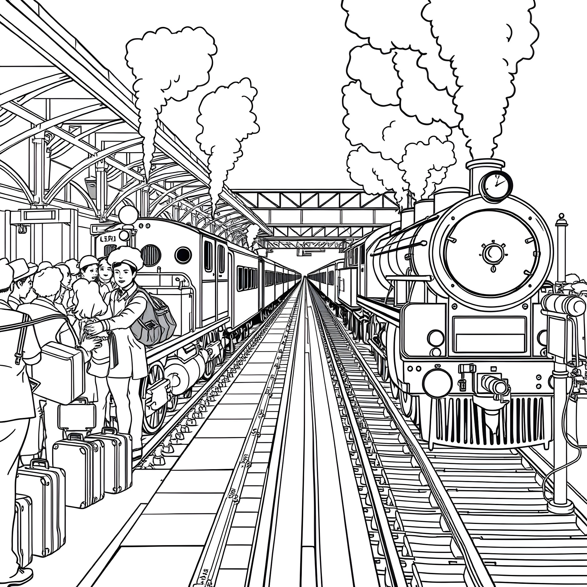 Train passengers boarding at bustling railway station Coloring Page (free black-and-white line drawing printable PDF for all, from beginners to advanced learners, including children, teens, adults, and seniors)