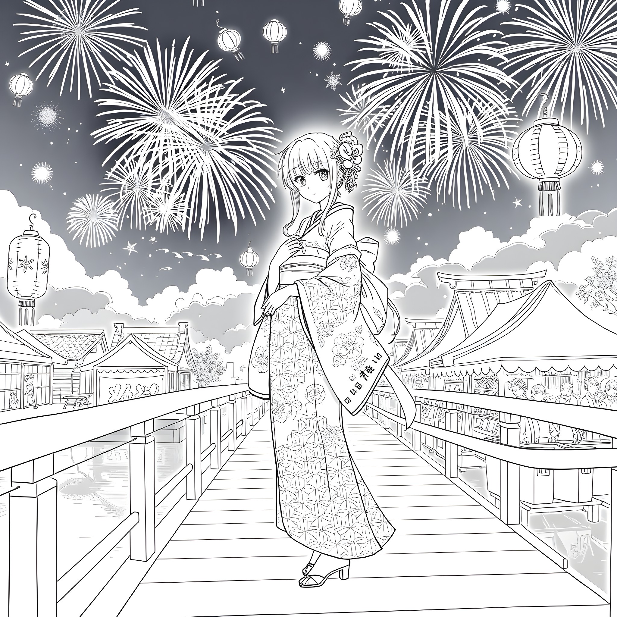 Anime Princess Watching Fireworks in Festive City Coloring Page (free black-and-white line drawing printable PDF for all, from beginners to advanced learners, including children, teens, adults, and seniors)