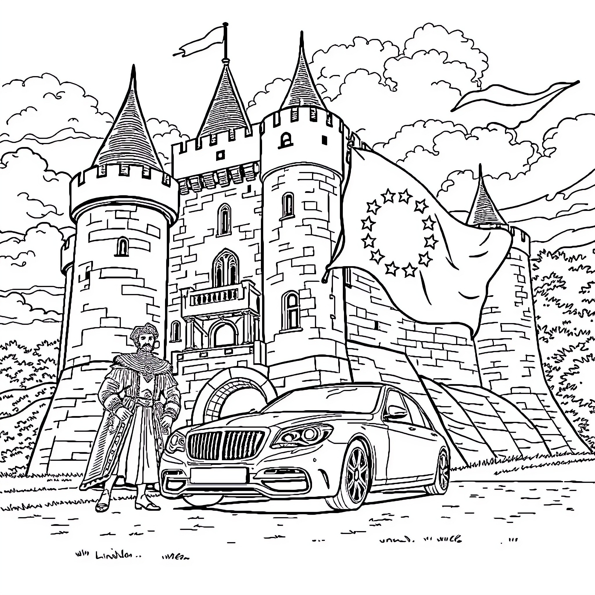 Château with Majestic Towers and Ornate Surroundings Coloring Page (free black-and-white line drawing printable PDF for all, from beginners to advanced learners, including children, teens, adults, and seniors)