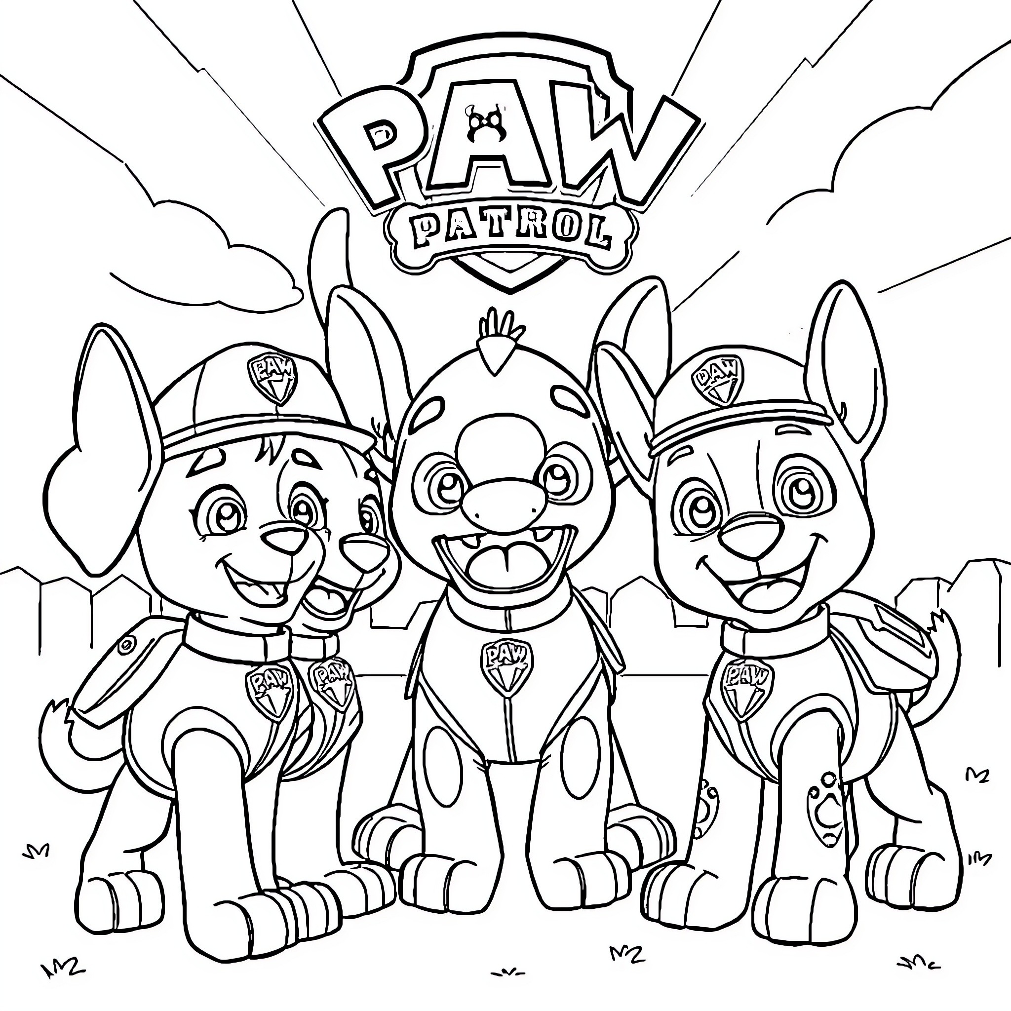 Paw Patrol characters in action poses Coloring Page (free black-and-white line drawing printable PDF for all, from beginners to advanced learners, including children, teens, adults, and seniors)