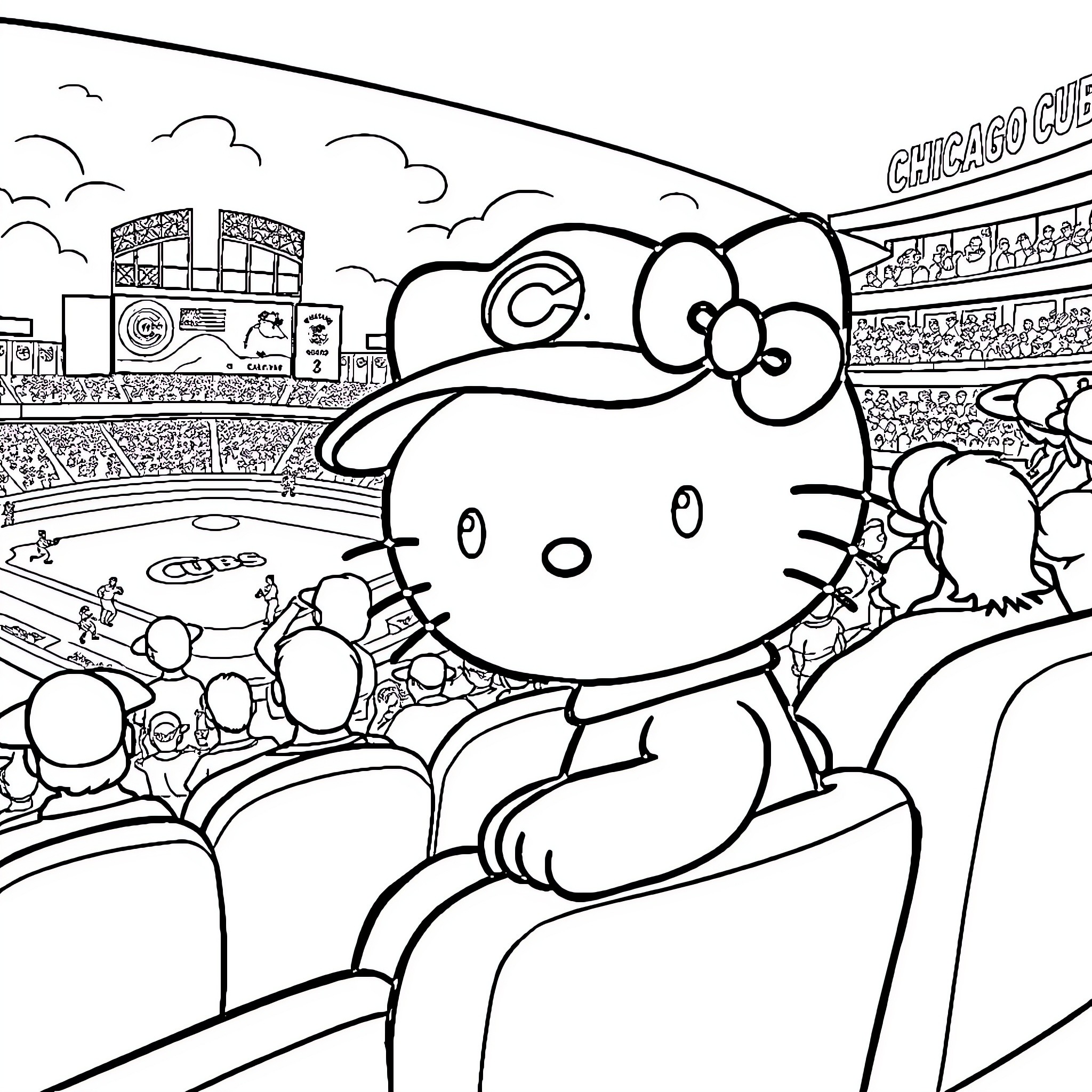 Hello Kitty enjoys the baseball game Coloring Page (free black-and-white line drawing printable PDF for all, from beginners to advanced learners, including children, teens, adults, and seniors)