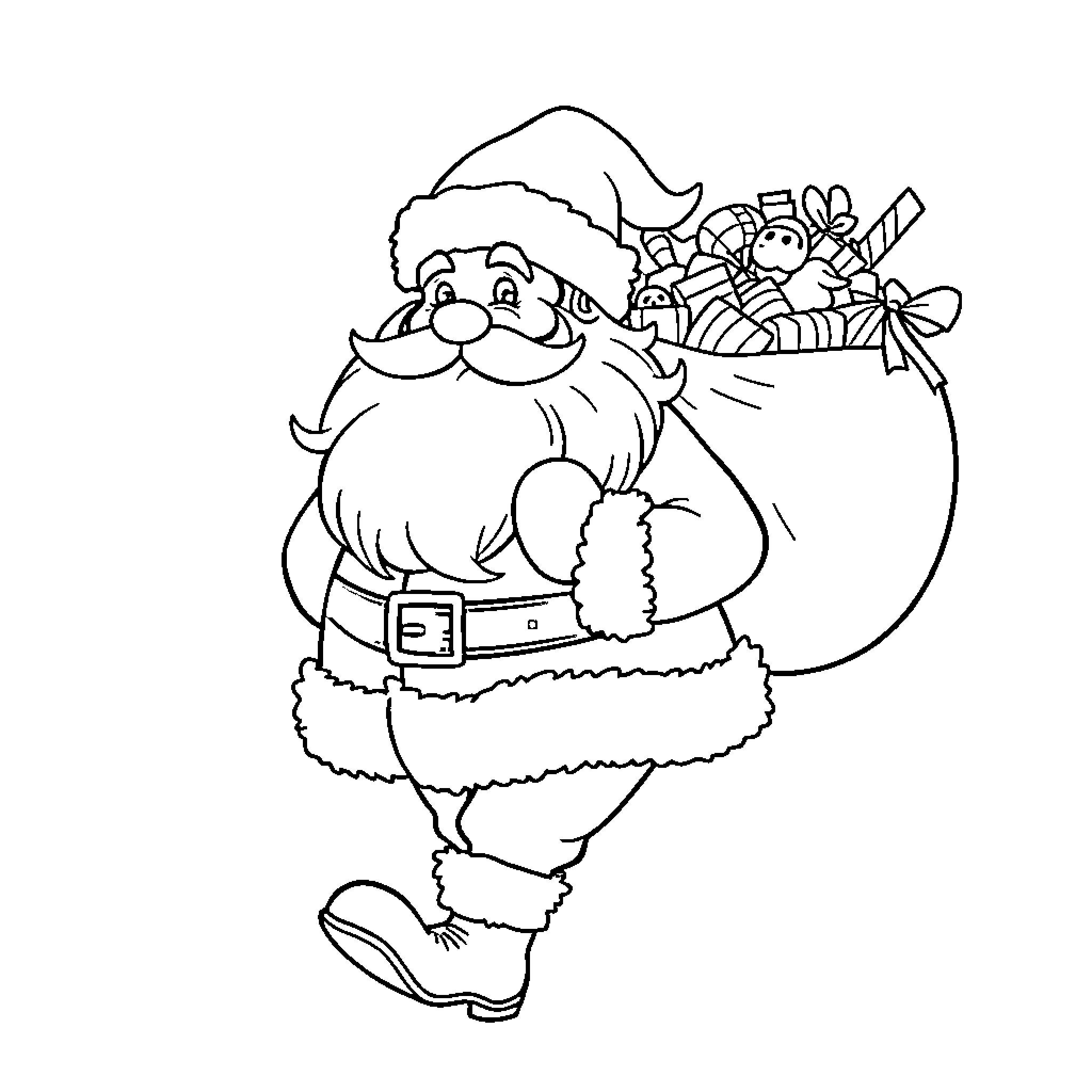 Santa carrying a bag of gifts Coloring Page (free black-and-white line drawing printable PDF for all, from beginners to advanced learners, including children, teens, adults, and seniors)