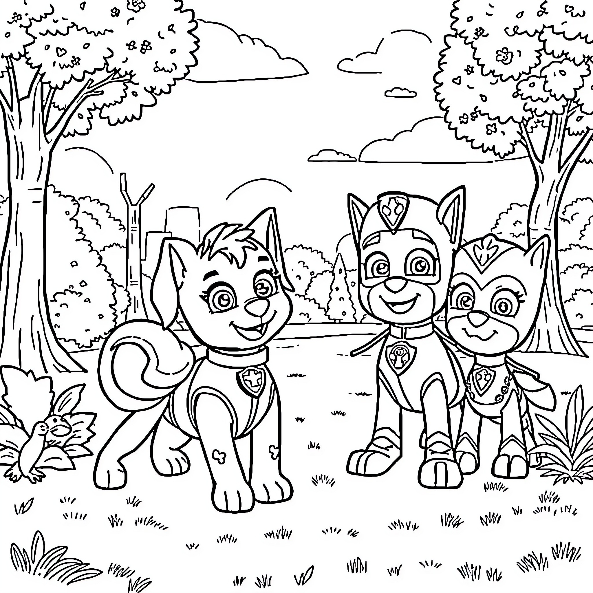 Pup friends exploring the forest together Coloring Page (free black-and-white line drawing printable PDF for all, from beginners to advanced learners, including children, teens, adults, and seniors)