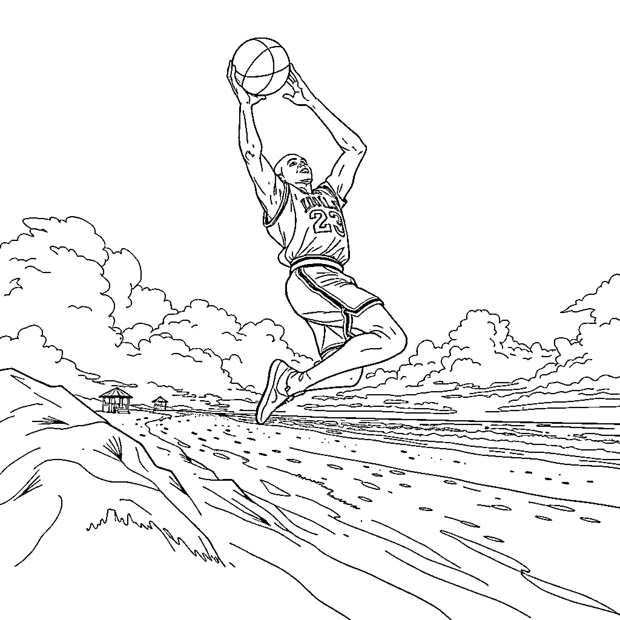 Michael Jordan soaring for a dunk in the clouds Coloring Page (free black-and-white line drawing printable PDF for all, from beginners to advanced learners, including children, teens, adults, and seniors)