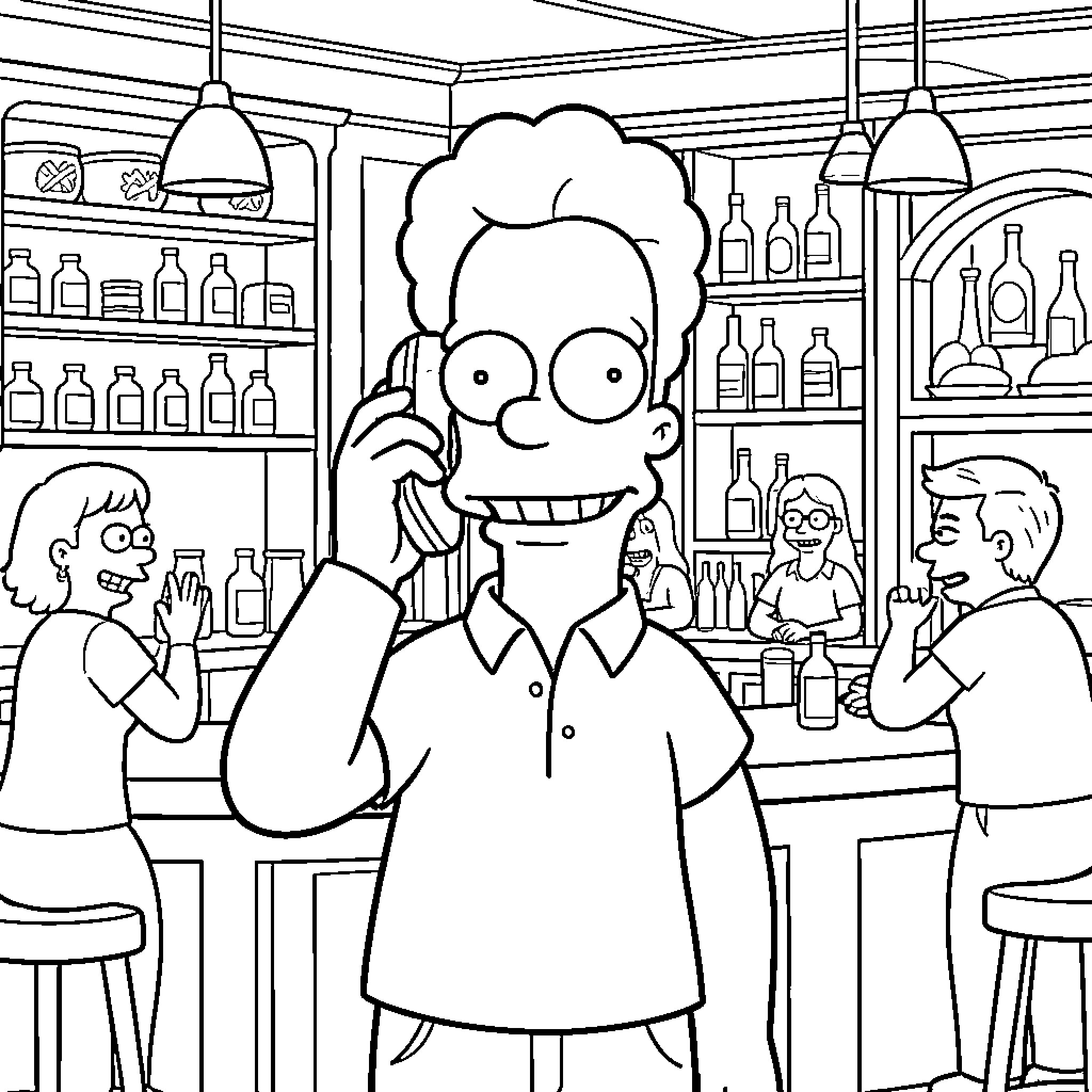 Moe talking on the phone at a bar Coloring Page (free black-and-white line drawing printable PDF for all, from beginners to advanced learners, including children, teens, adults, and seniors)