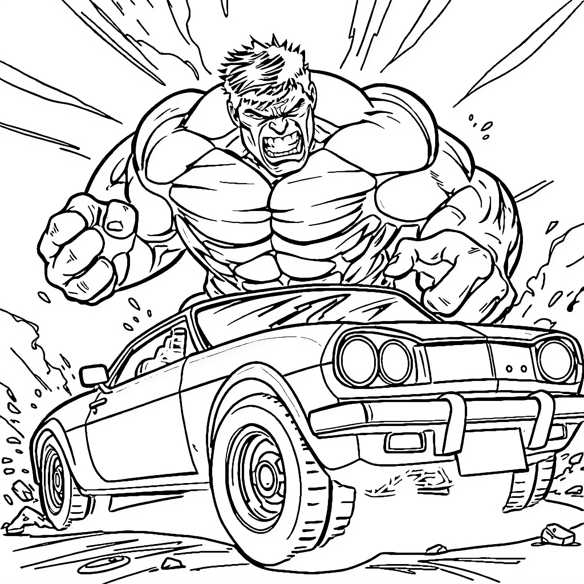 Hulk Smashing Car with Intense Rage Coloring Page (free black-and-white line drawing printable PDF for all, from beginners to advanced learners, including children, teens, adults, and seniors)